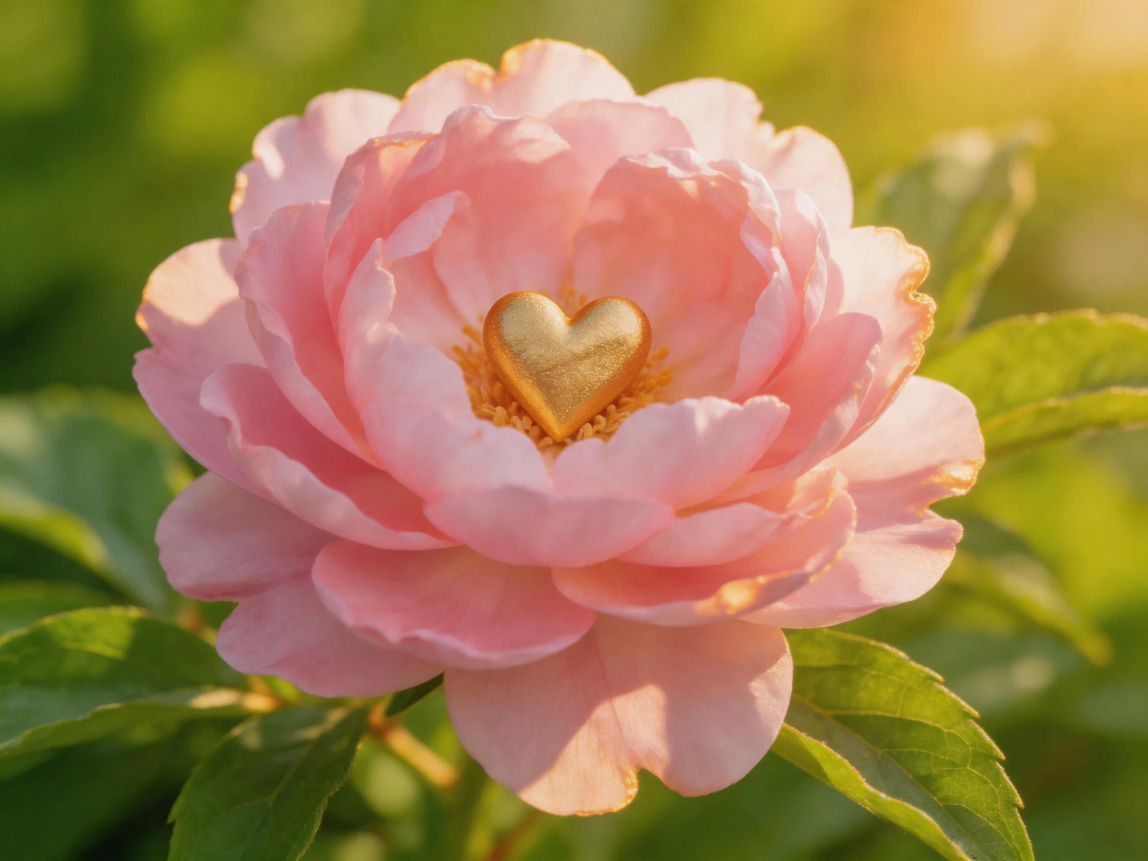 A pink peony with a golden heart at its center