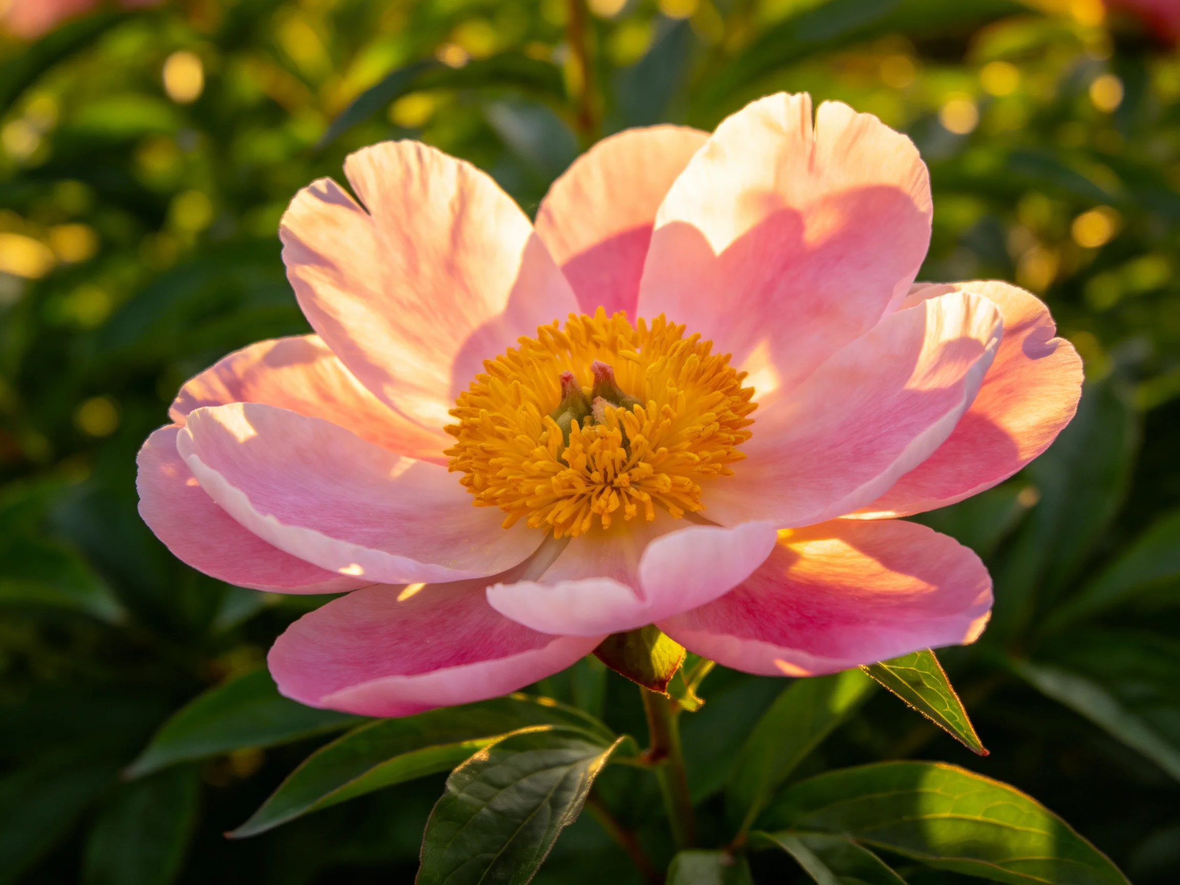 A pink peony with golden center amid lush green foliage