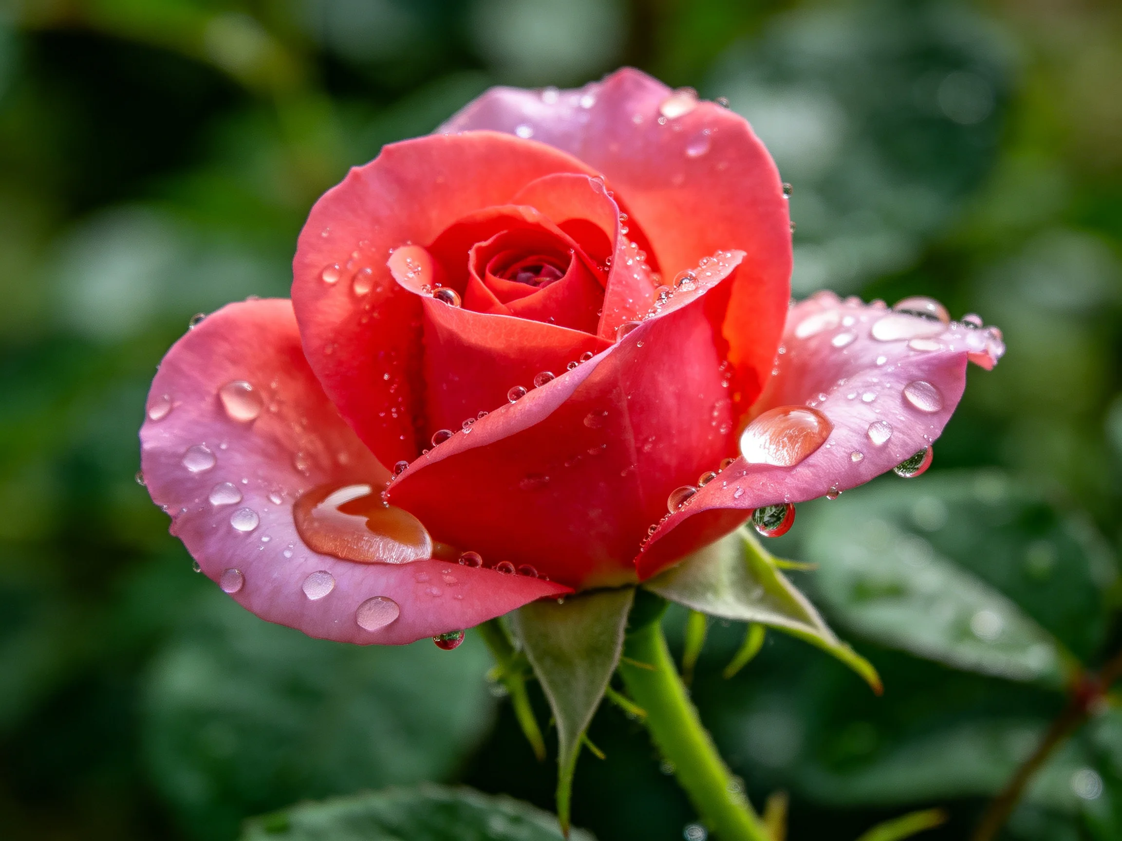 A pink-red rose covered in glistening water droplets