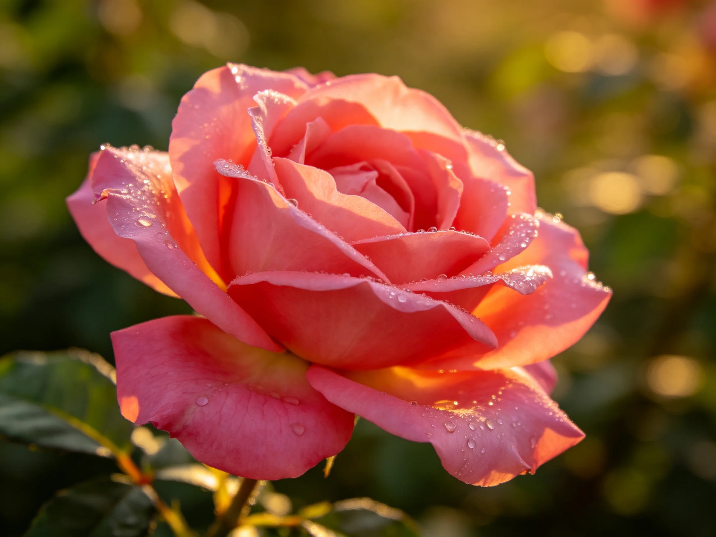 A pink rose with dewdrops under golden light