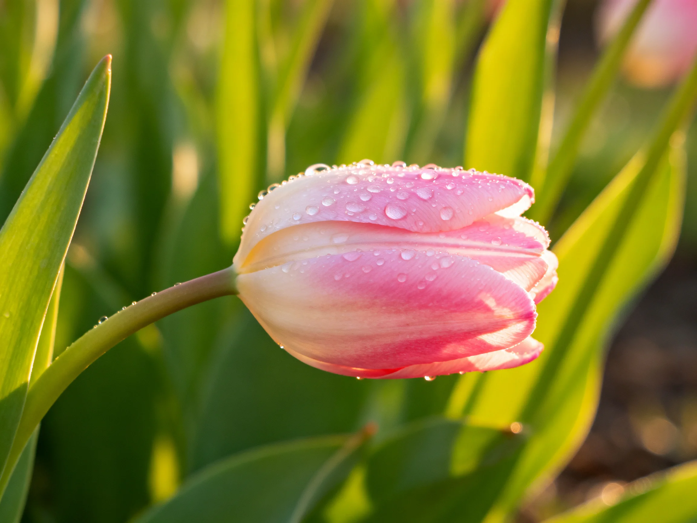 A pink tulip bud with dew drops in green foliage