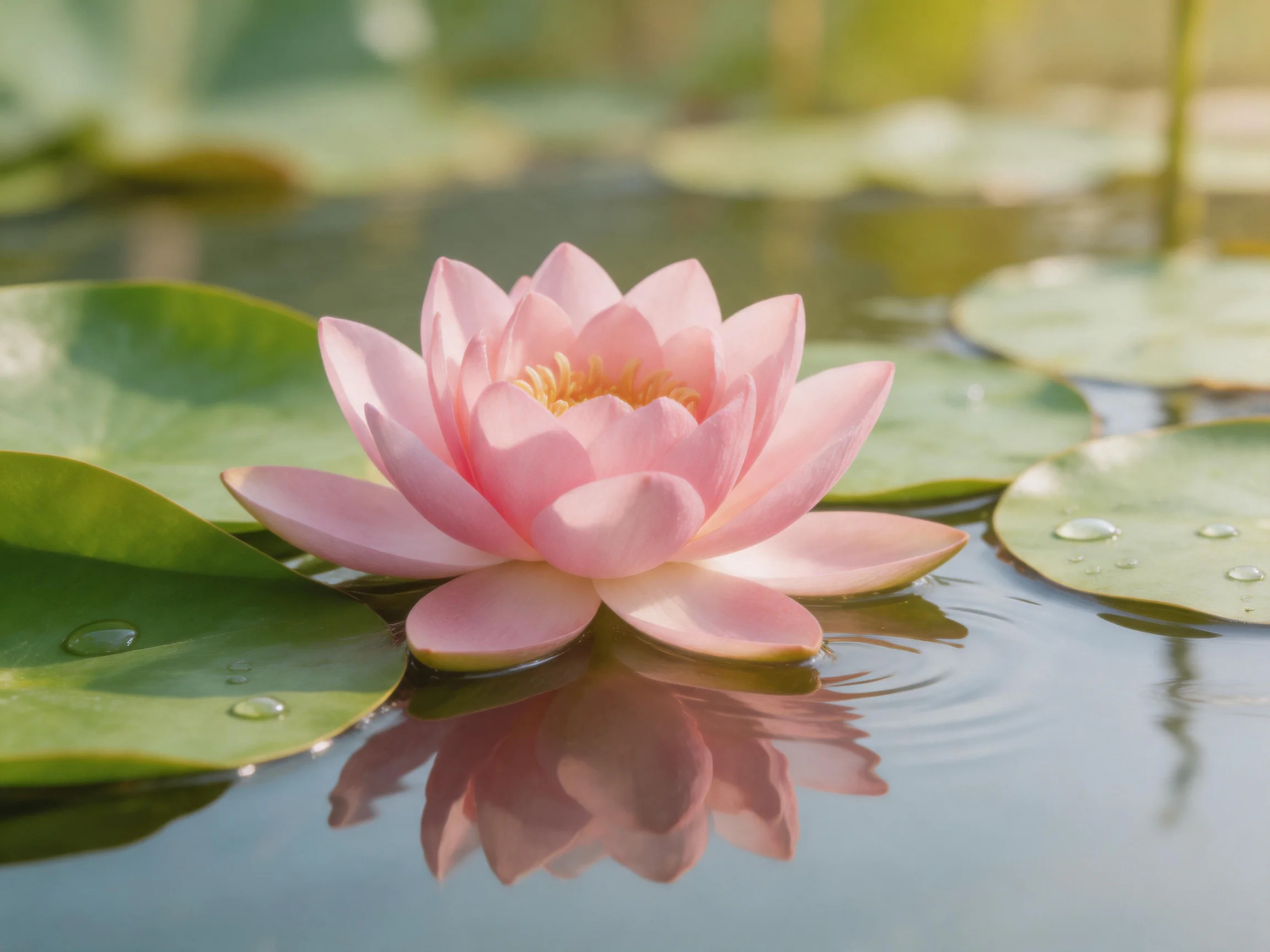 A pink water lily blooms among green lily pads on calm water