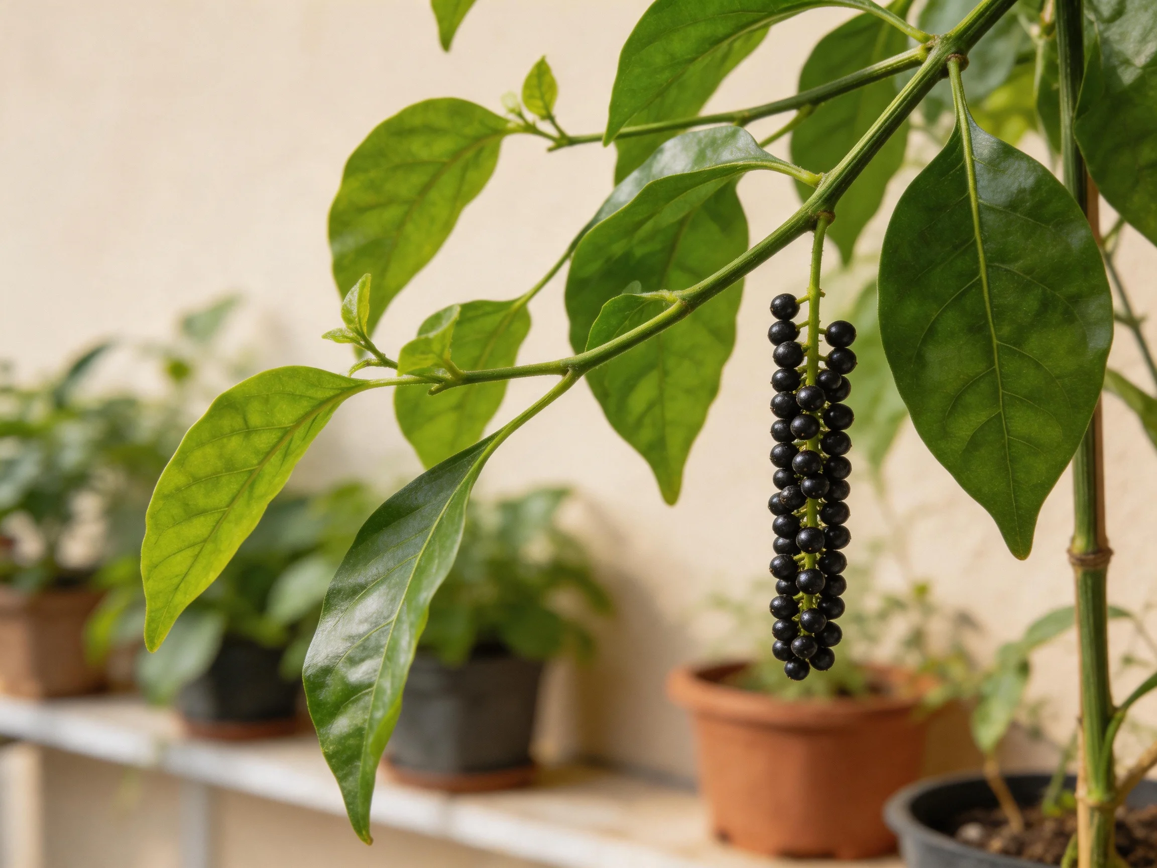 A plant with glossy green leaves and dark berry clusters amid potted plants