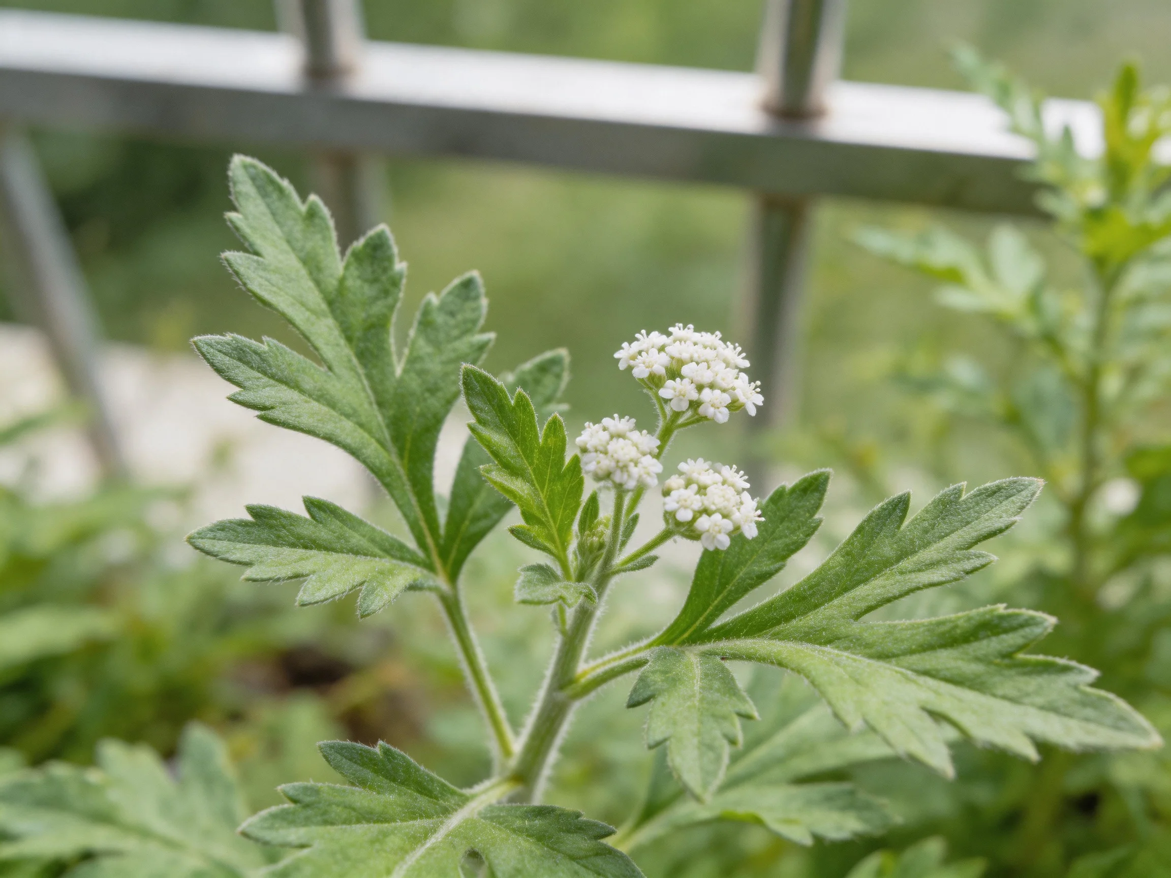 A plant with serrated green leaves and small white flower clusters near a metal fence