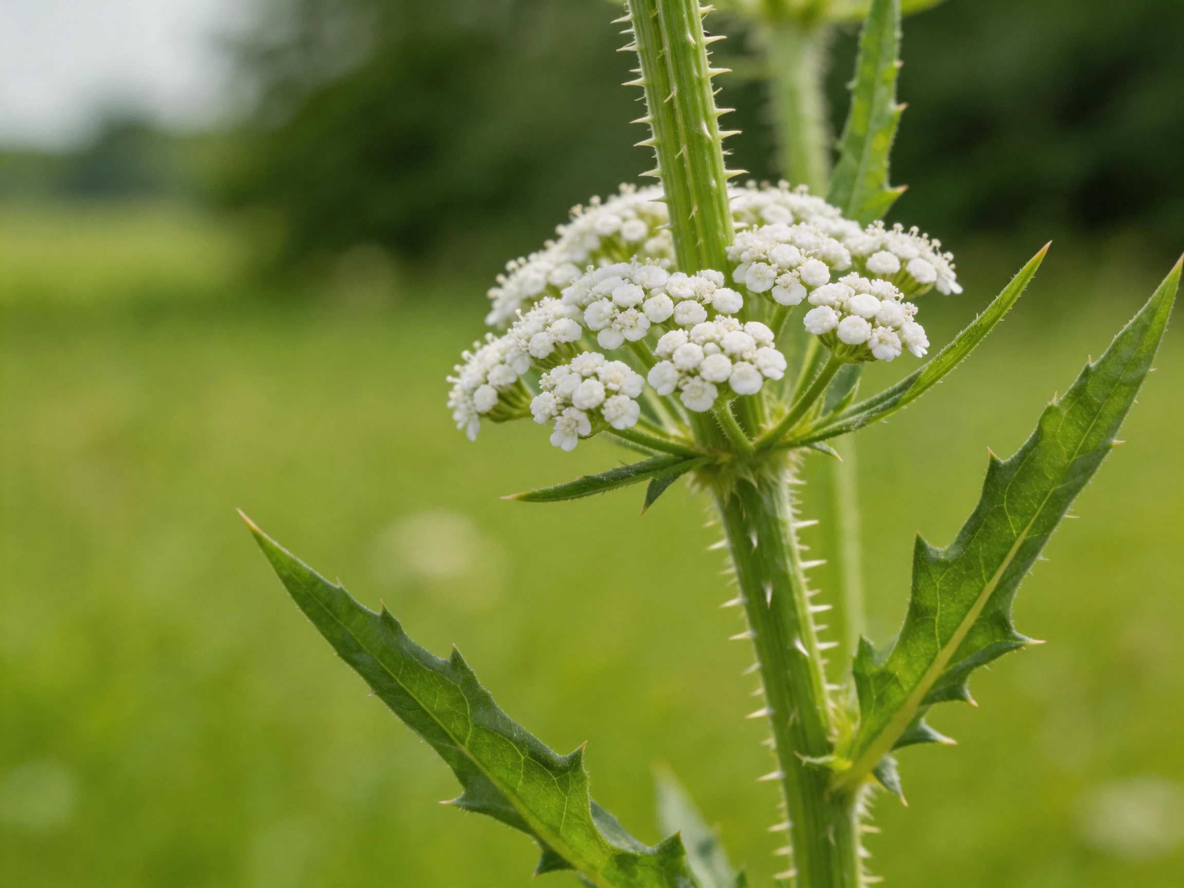 A plant with small white clustered blooms and spiny green stems