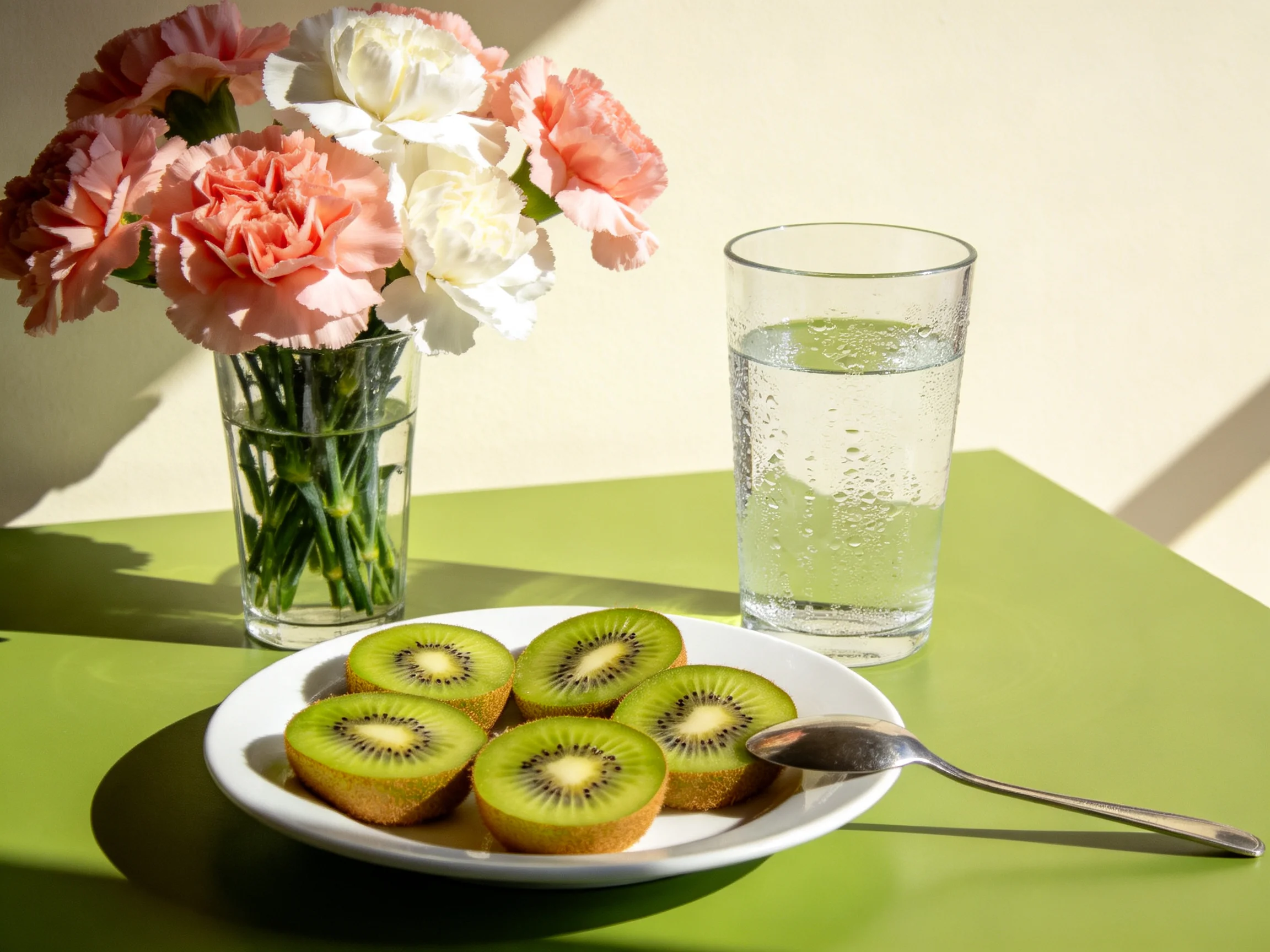 A plate of kiwi slices, pink and white carnations, and water glass on green surface