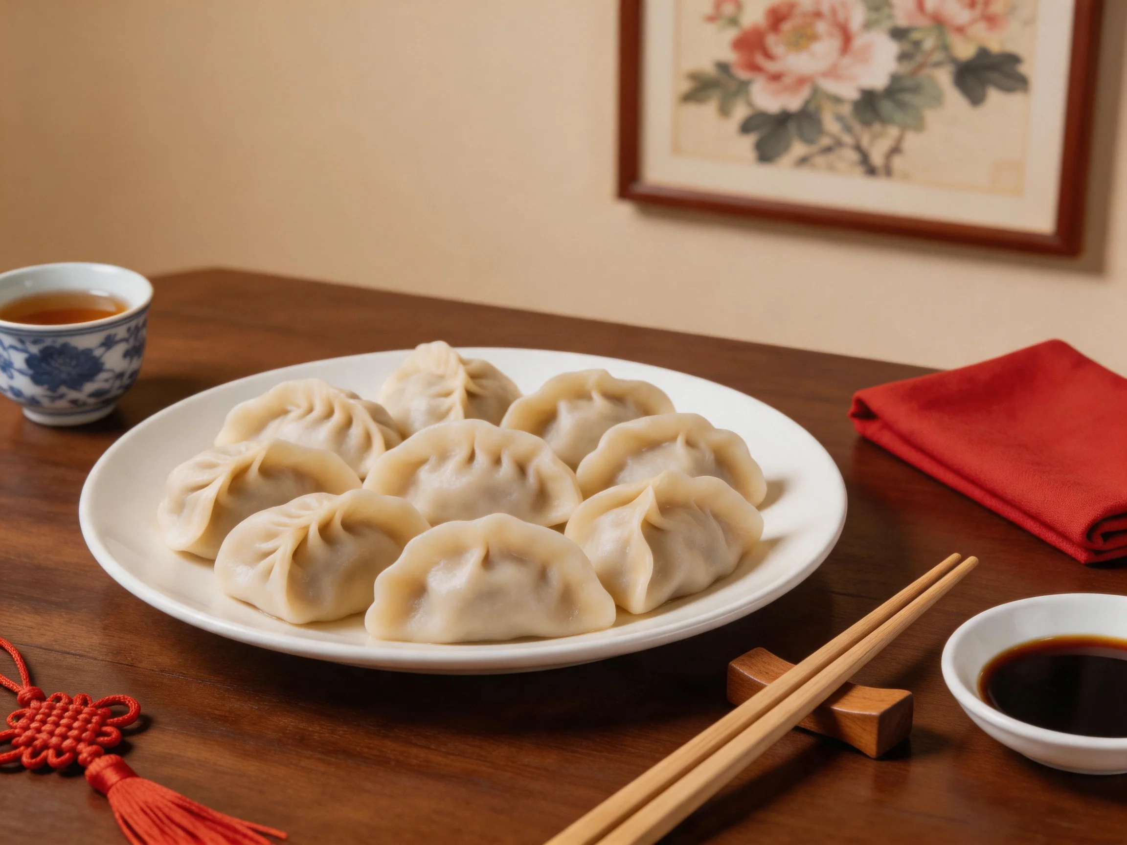 A plate of plump dumplings on a wooden table with tea and sauce