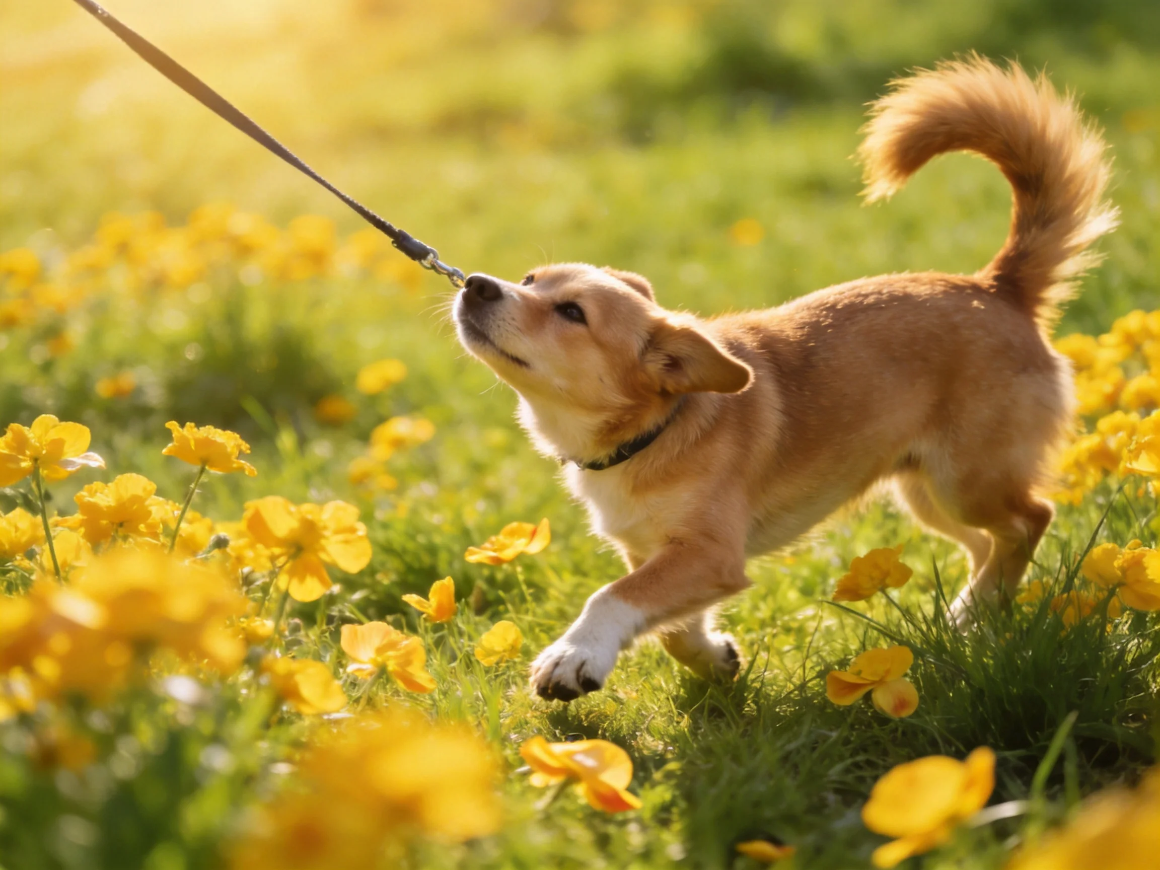 A playful tan puppy explores a field of bright yellow flowers