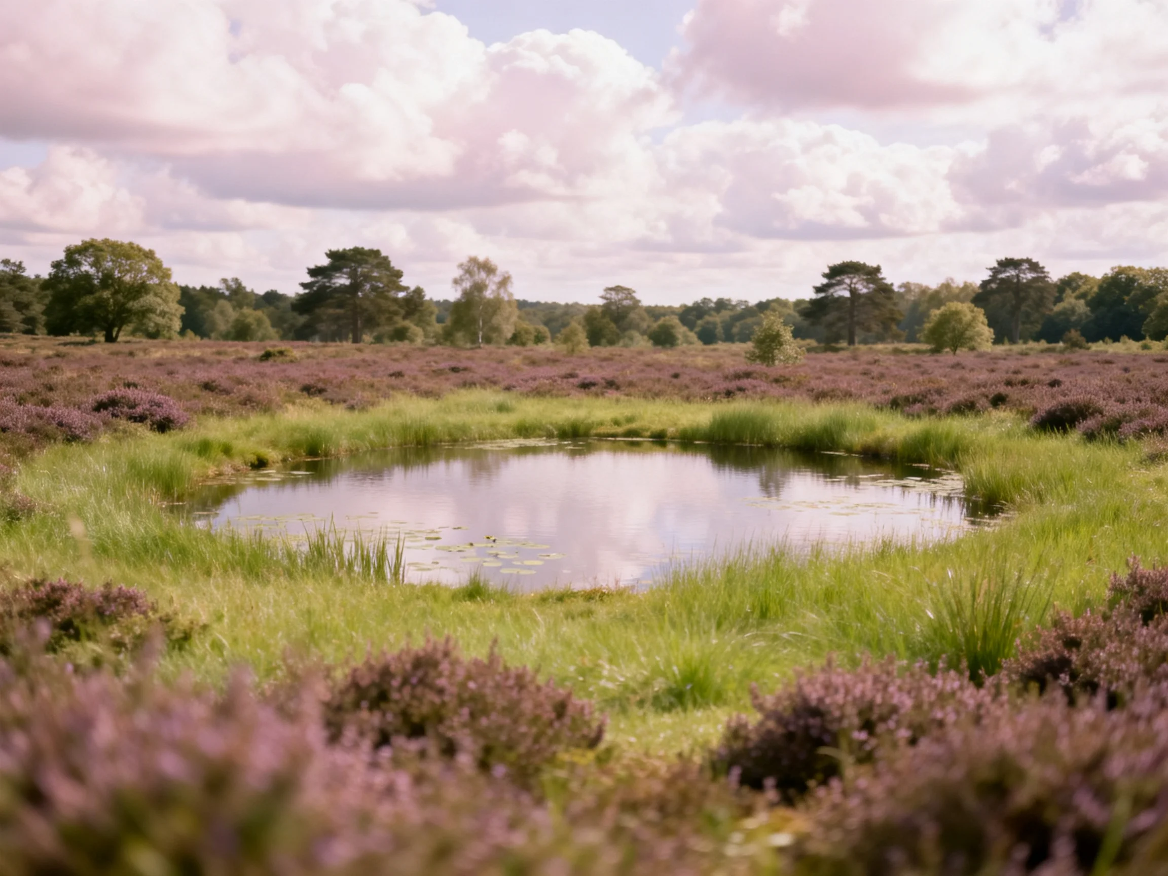 A pond surrounded by purple heathland and distant trees