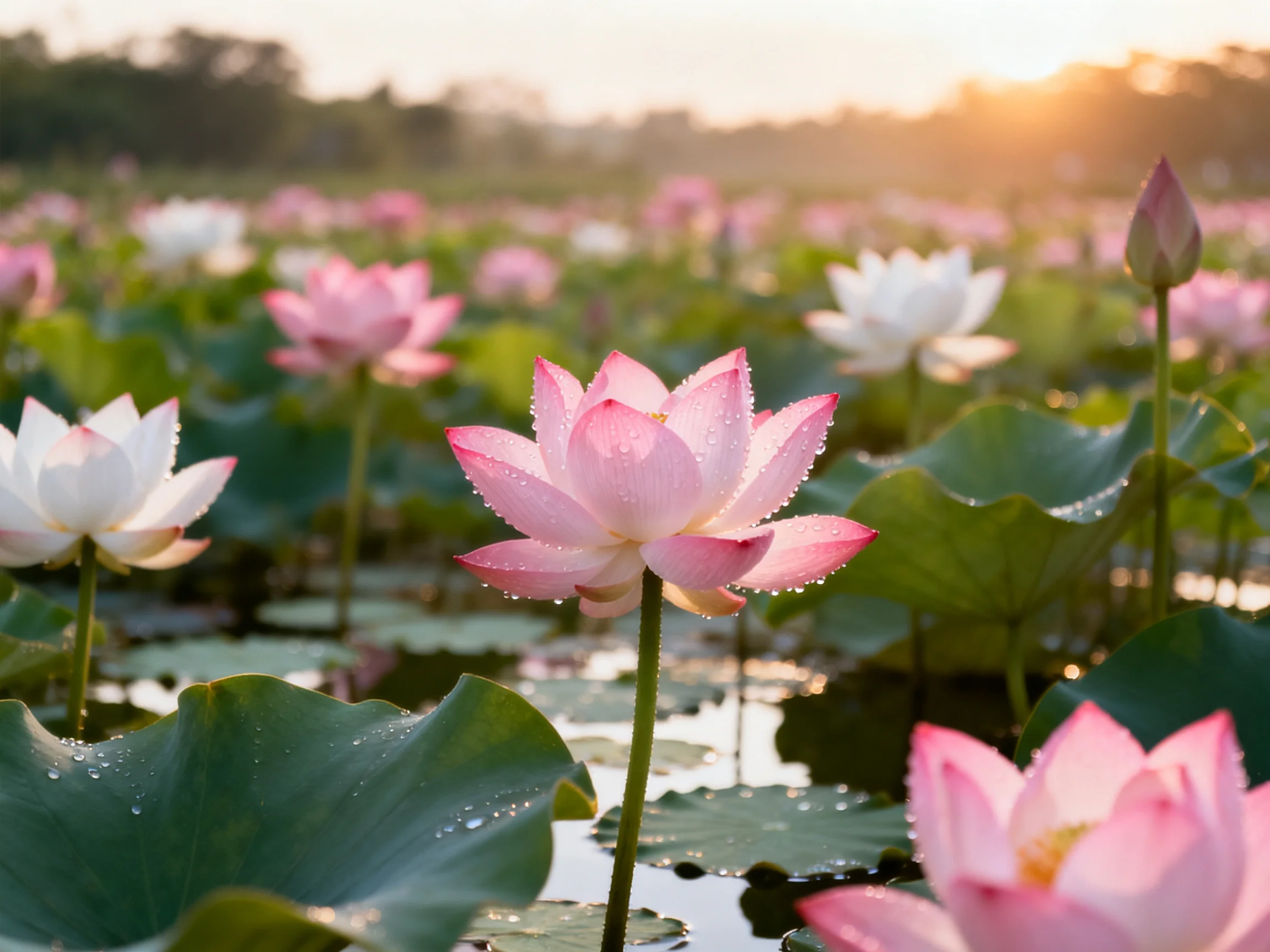 A pond with numerous pink and white lotuses at sunset