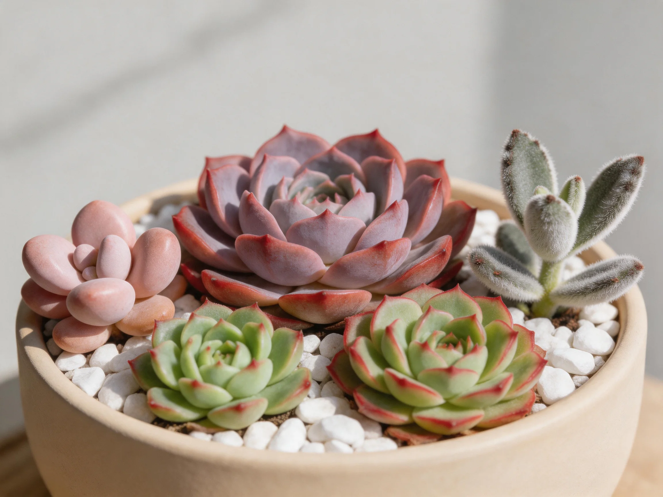 A pot of assorted succulents with white pebbles and varied hues