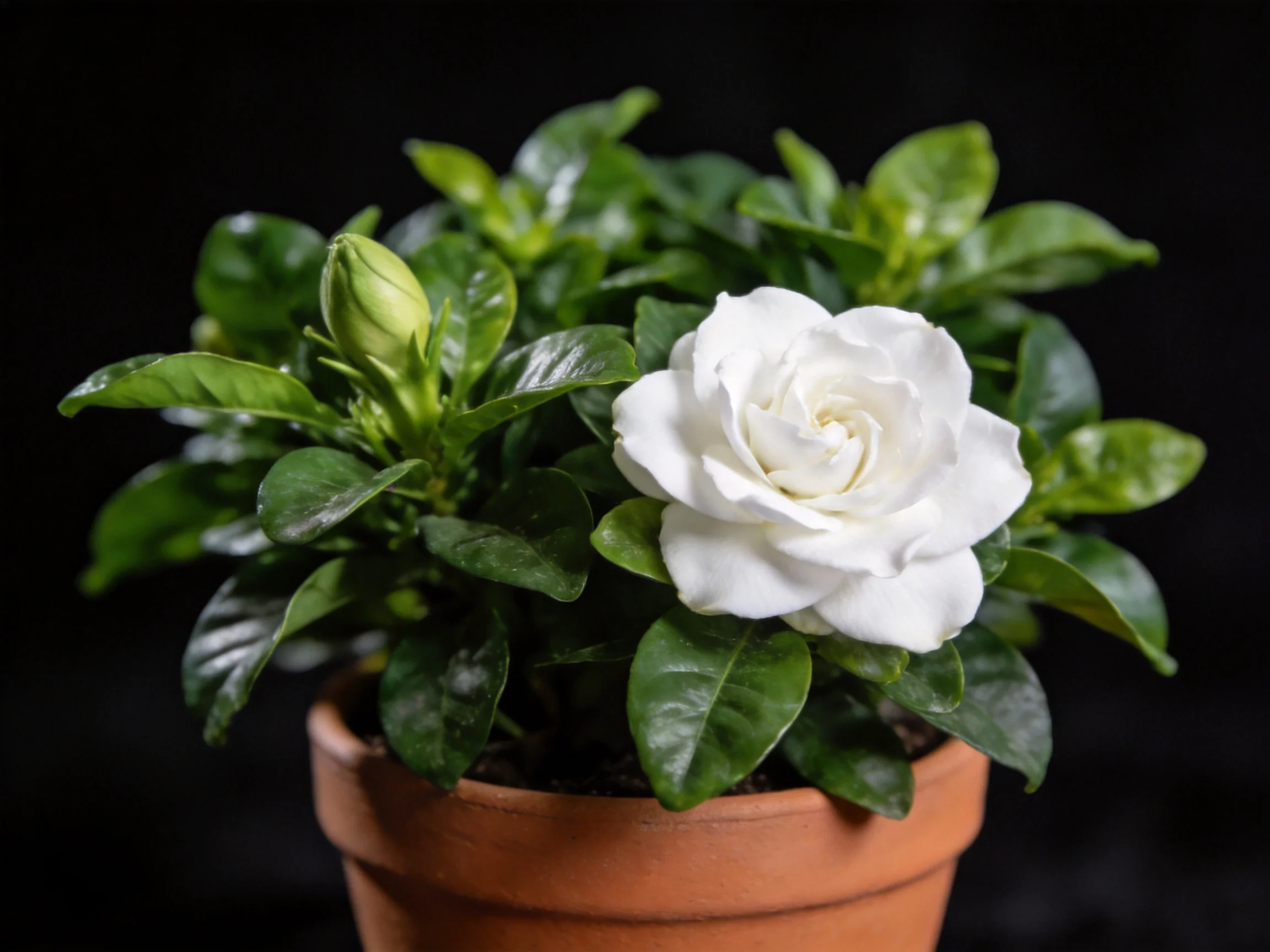 A potted plant with a white flower and glossy green leaves
