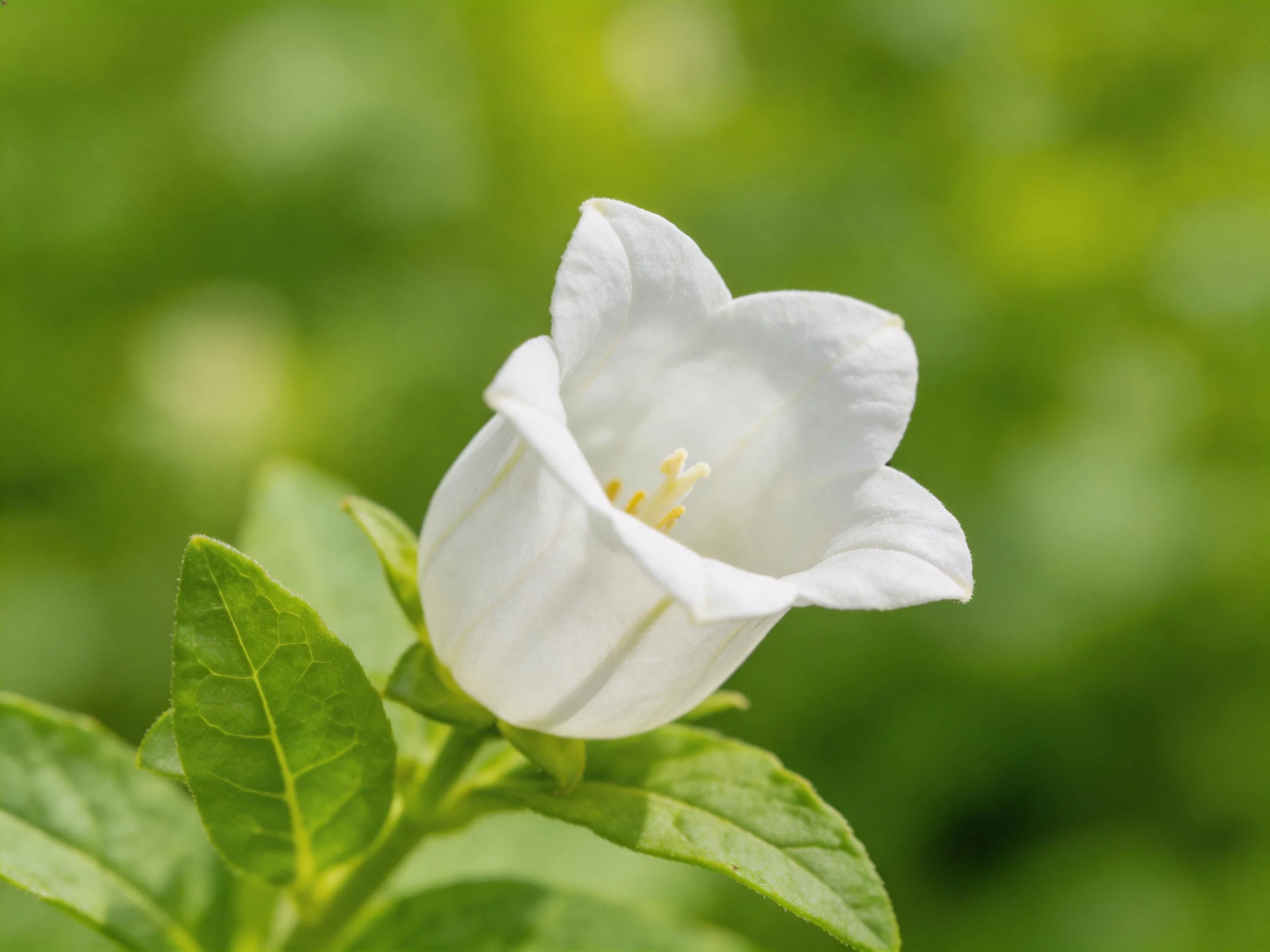 A pristine white bellflower amidst lush green foliage