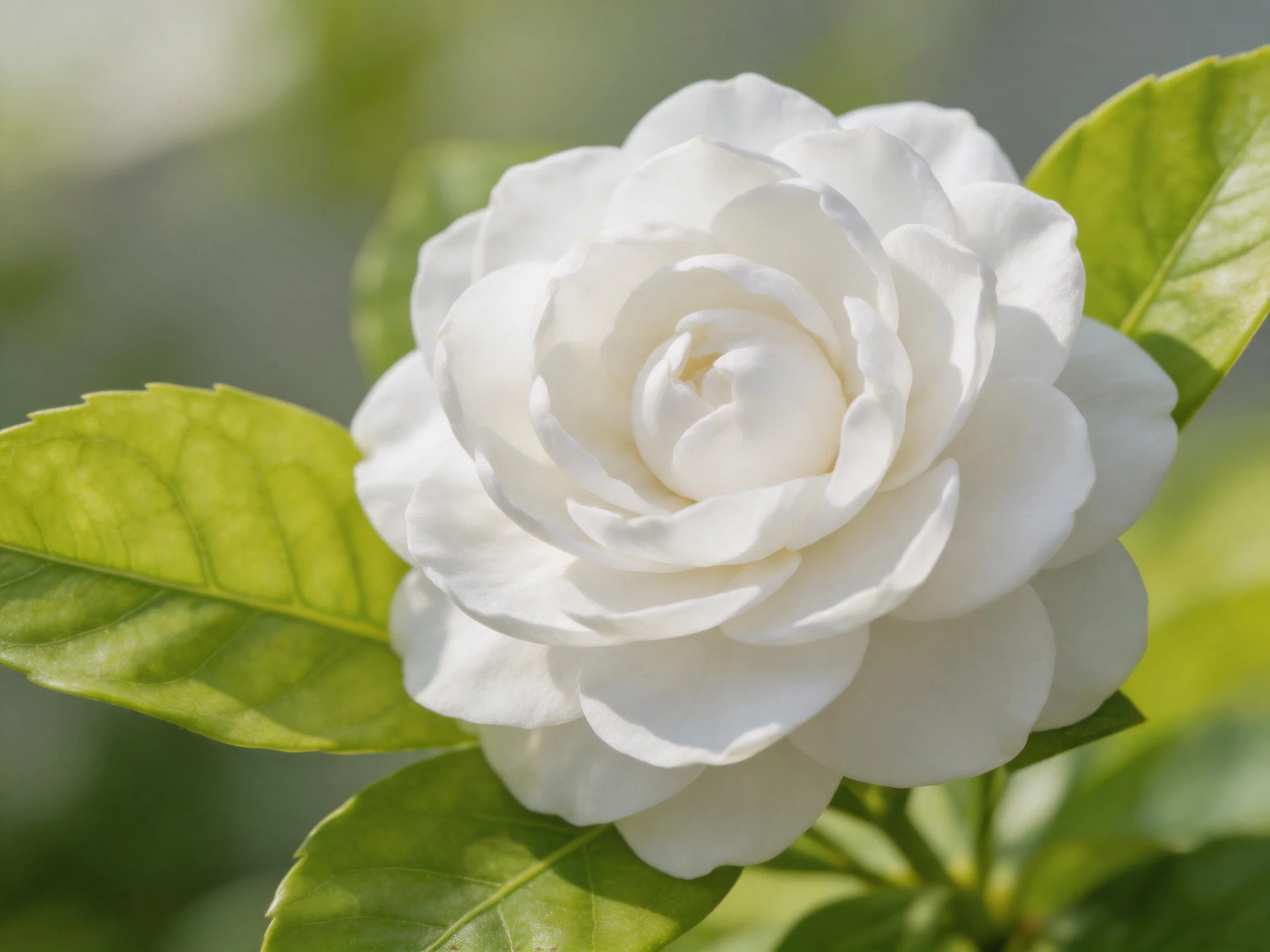 A pristine white camellia bloom with vibrant green foliage