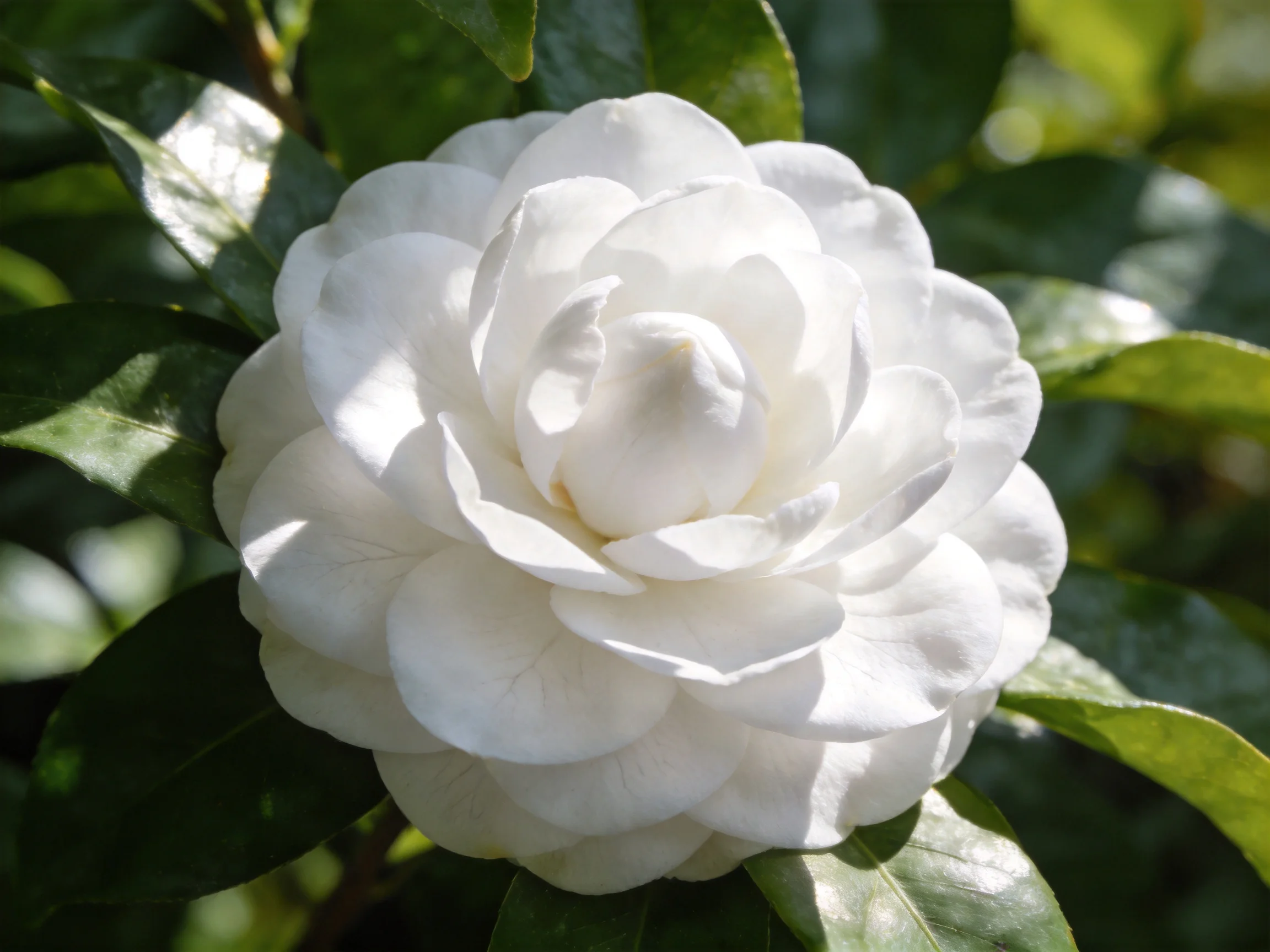 A pristine white camellia blooms amid lush green foliage