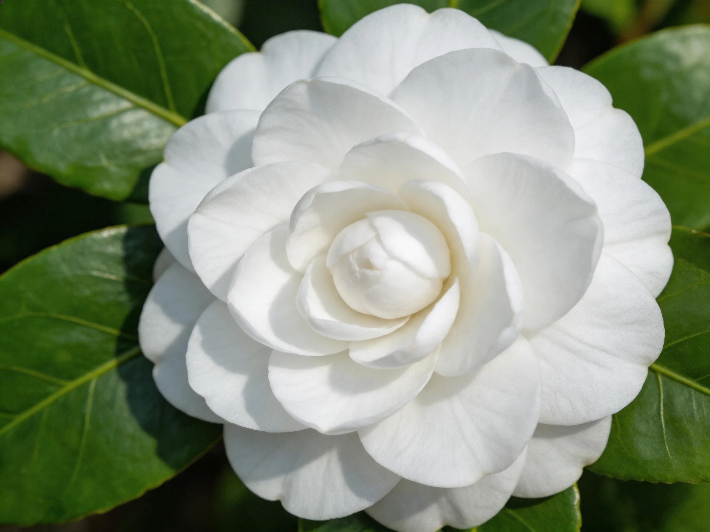 A pristine white camellia flower with glossy green leaves