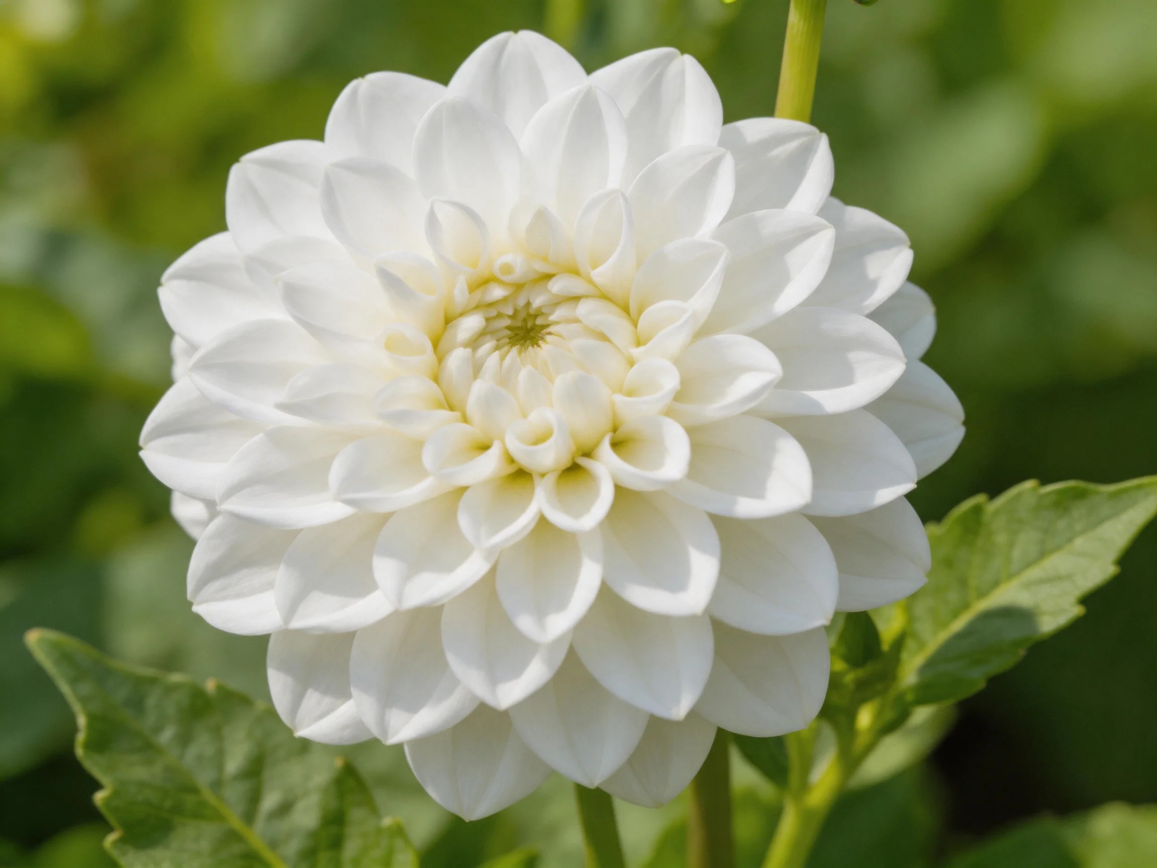 A pristine white dahlia blooms amidst lush green foliage