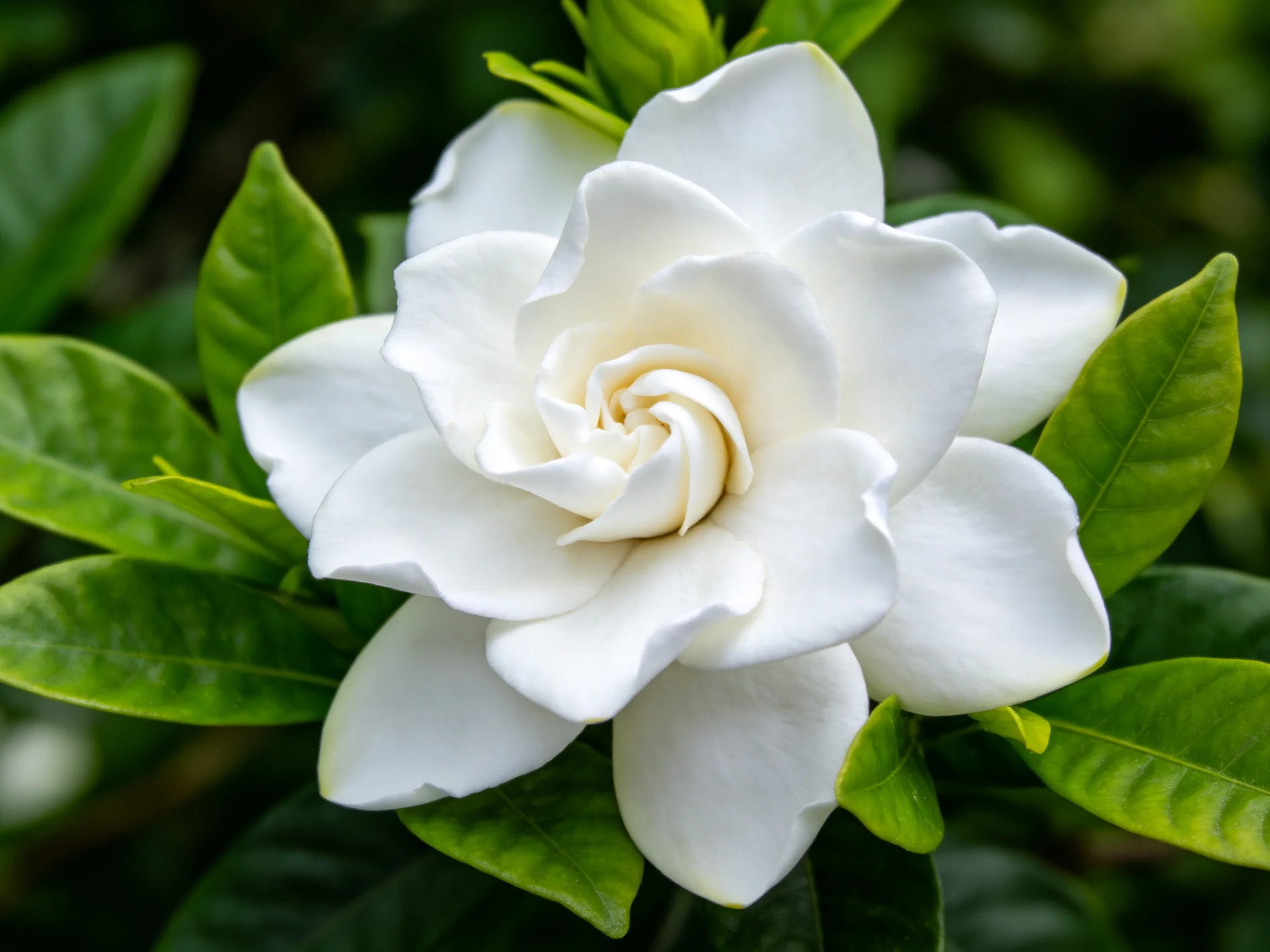 A pristine white gardenia blooming amid lush green foliage