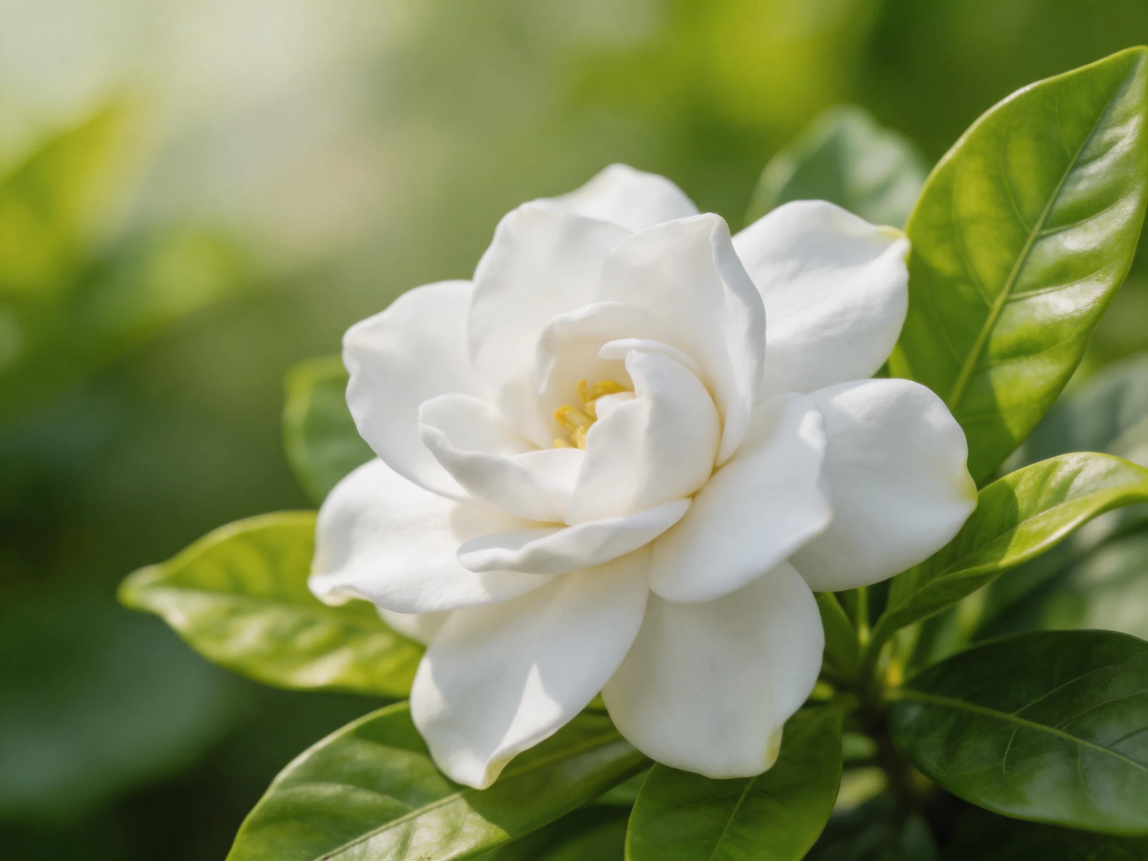 A pristine white gardenia blooms amid glossy green foliage