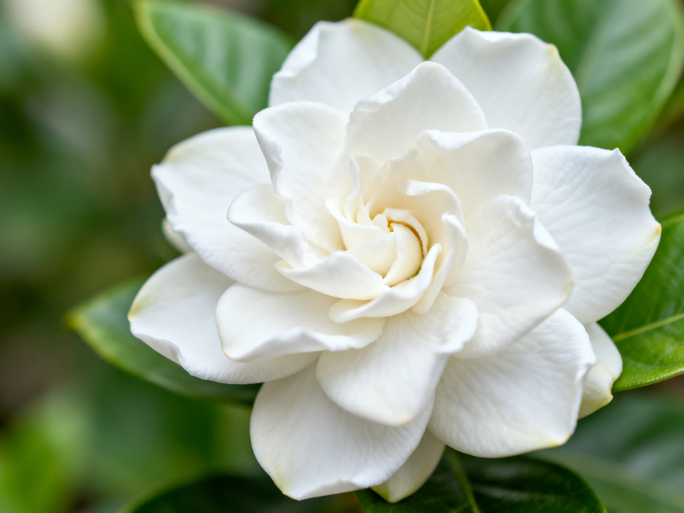 A pristine white gardenia flower with lush green leaves