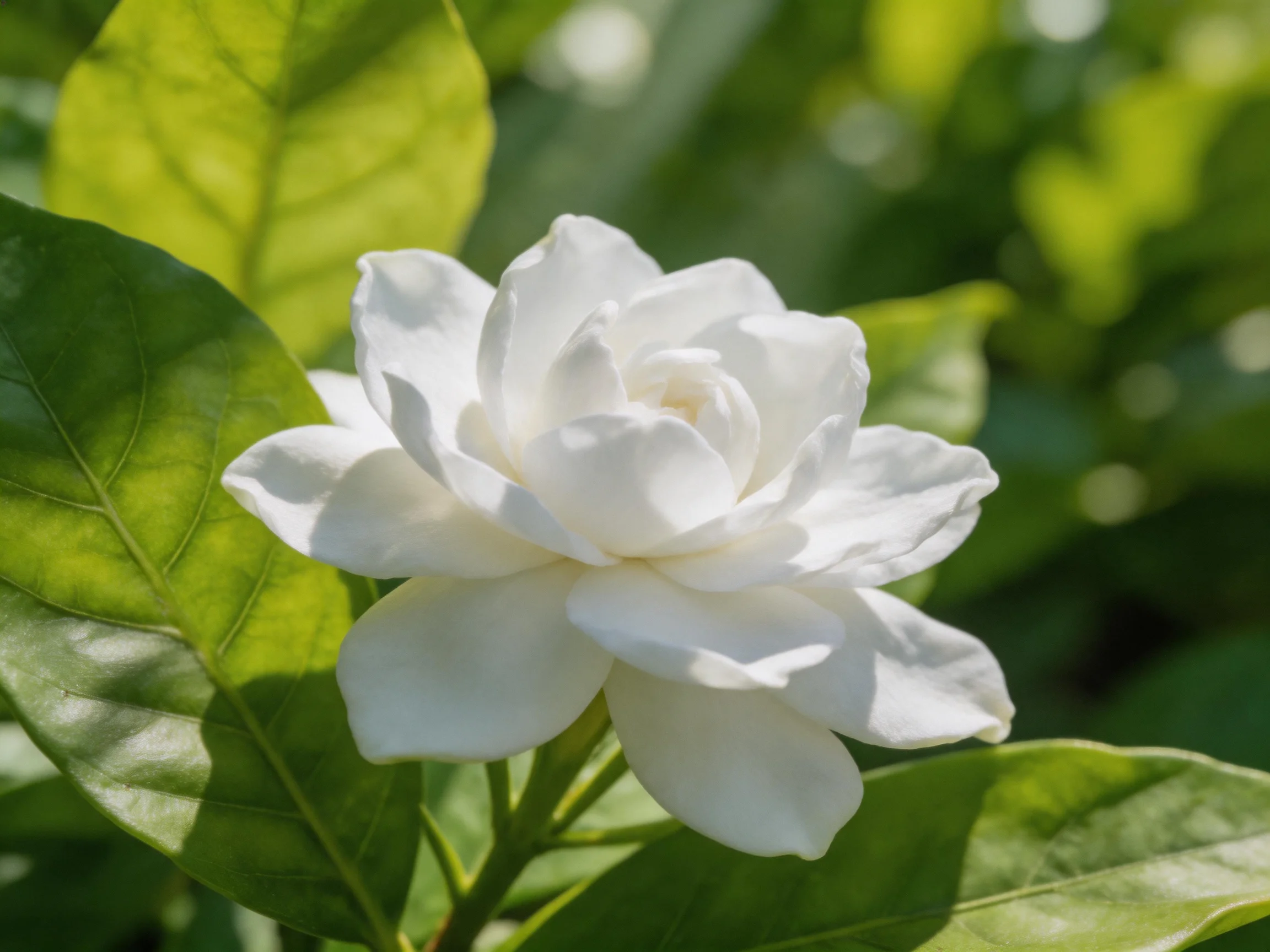A pristine white jasmine flower surrounded by glossy green leaves
