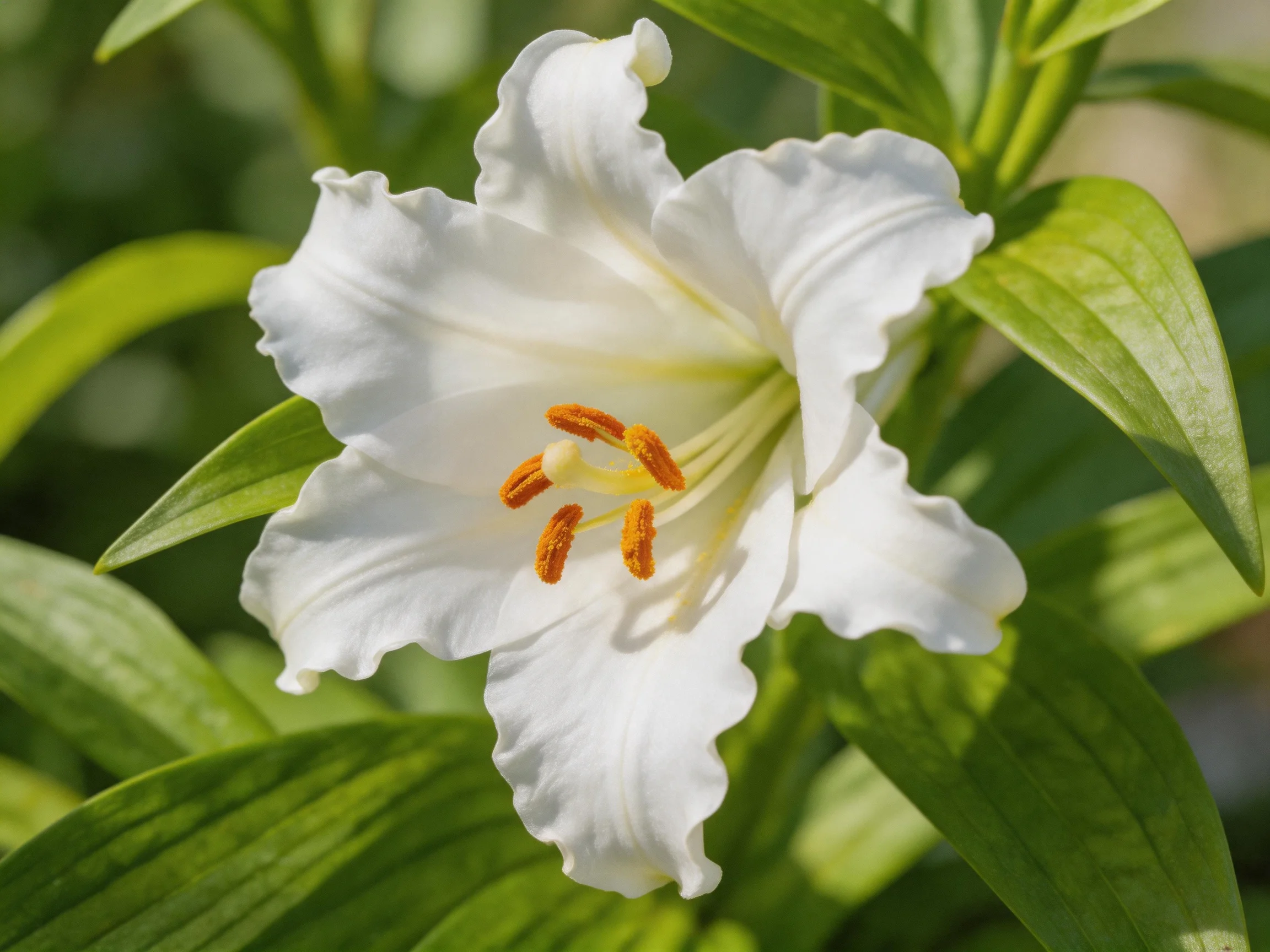 A pristine white lily with golden stamens surrounded by green leaves