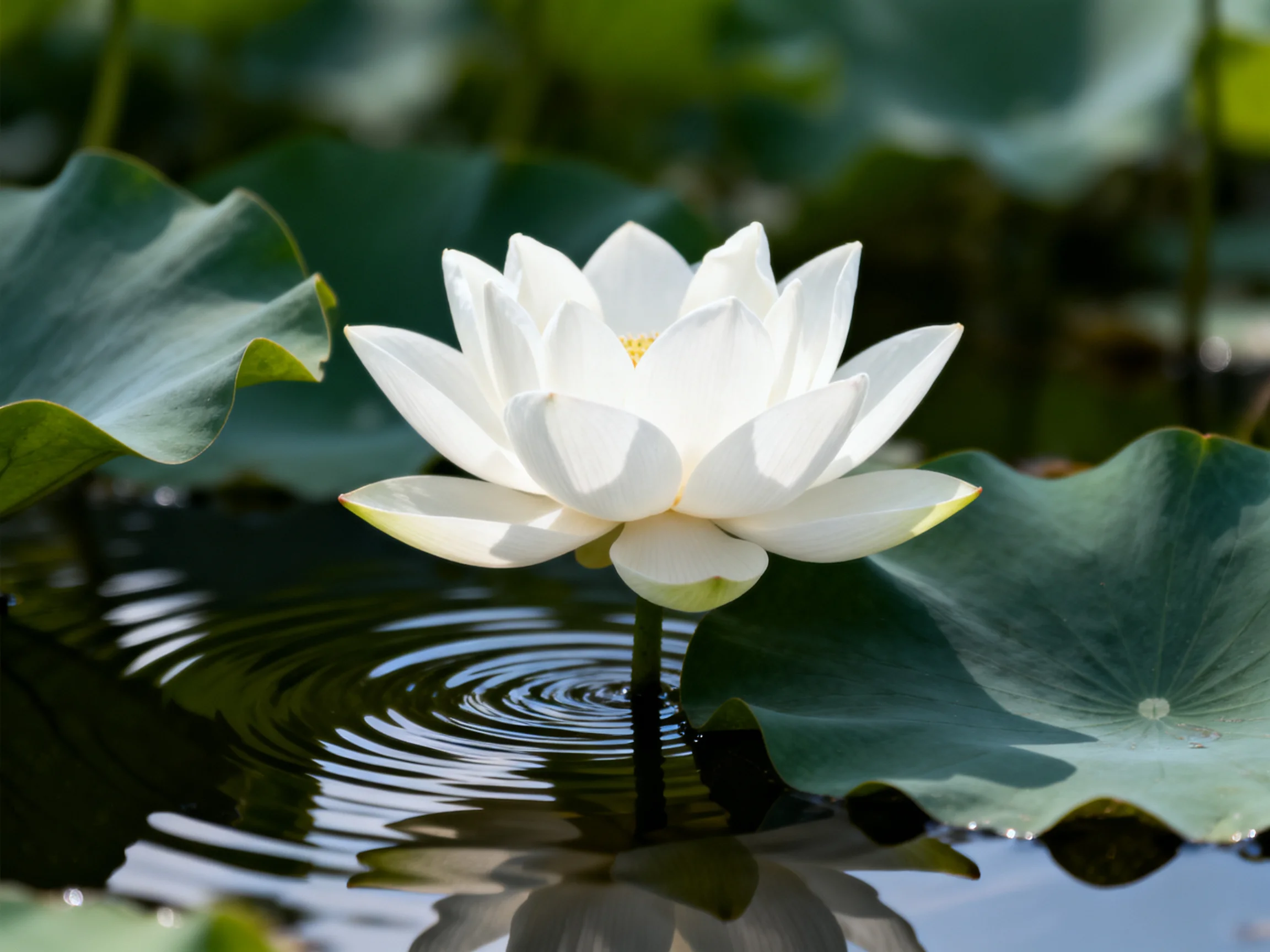 A pristine white lotus blooms among large green lily pads