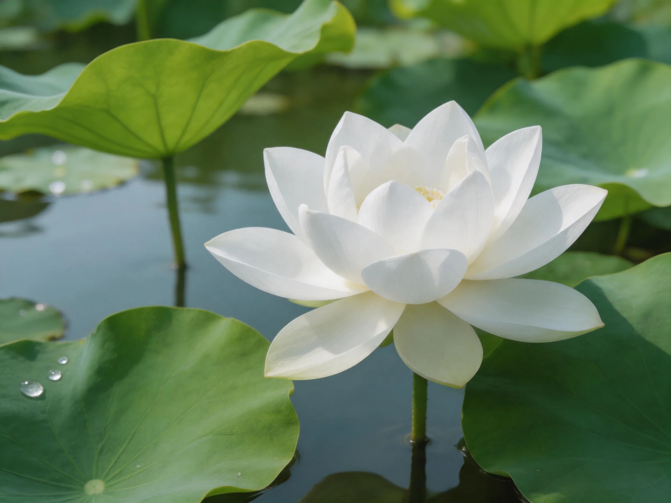 A pristine white lotus flower amidst lush green lily pads in tranquil water