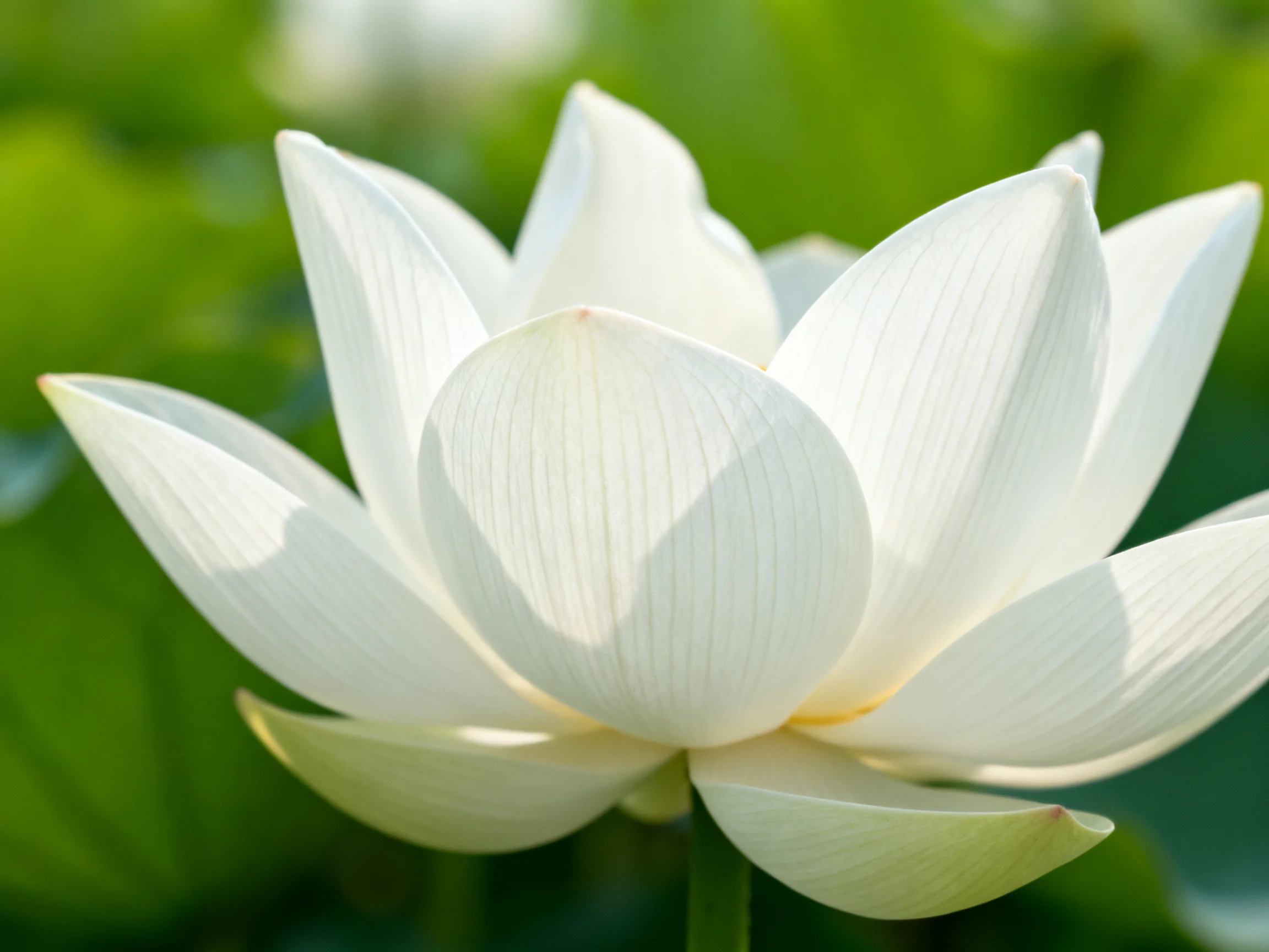 A pristine white lotus flower blooms amidst lush green foliage