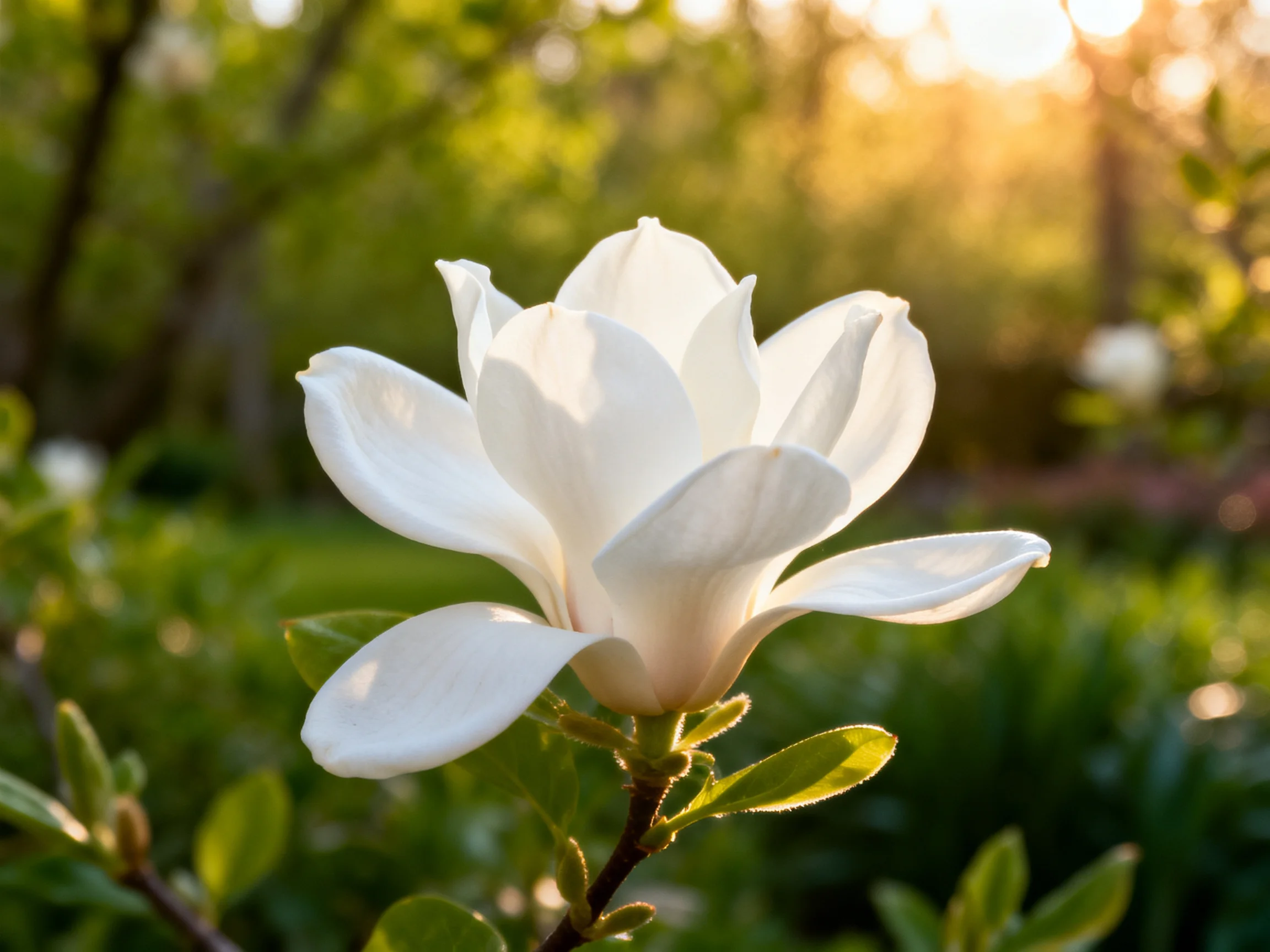 A pristine white magnolia flower blooms amid lush green foliage under golden sunlight