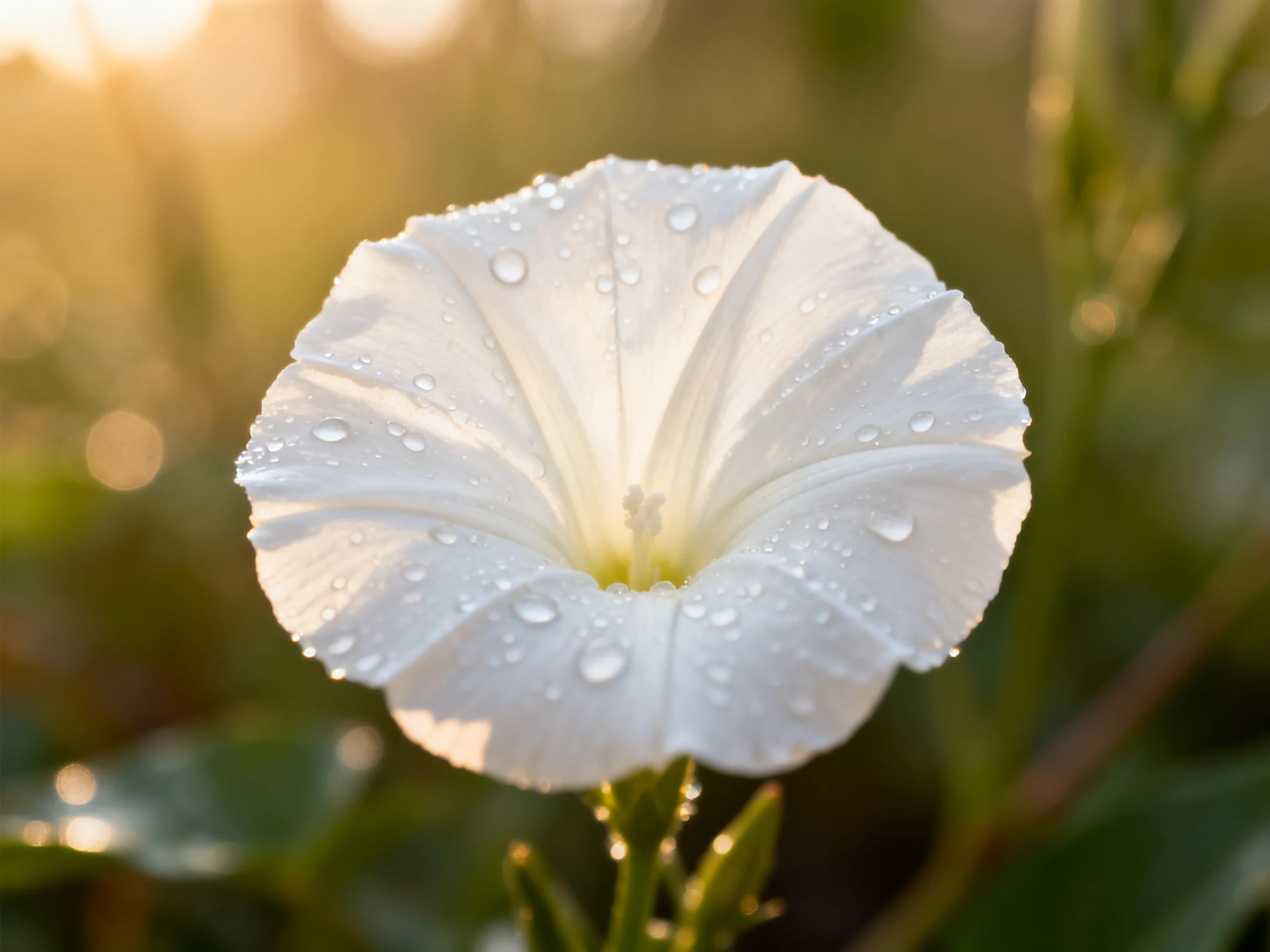 A pristine white morning glory adorned with dewdrops in golden sunlight