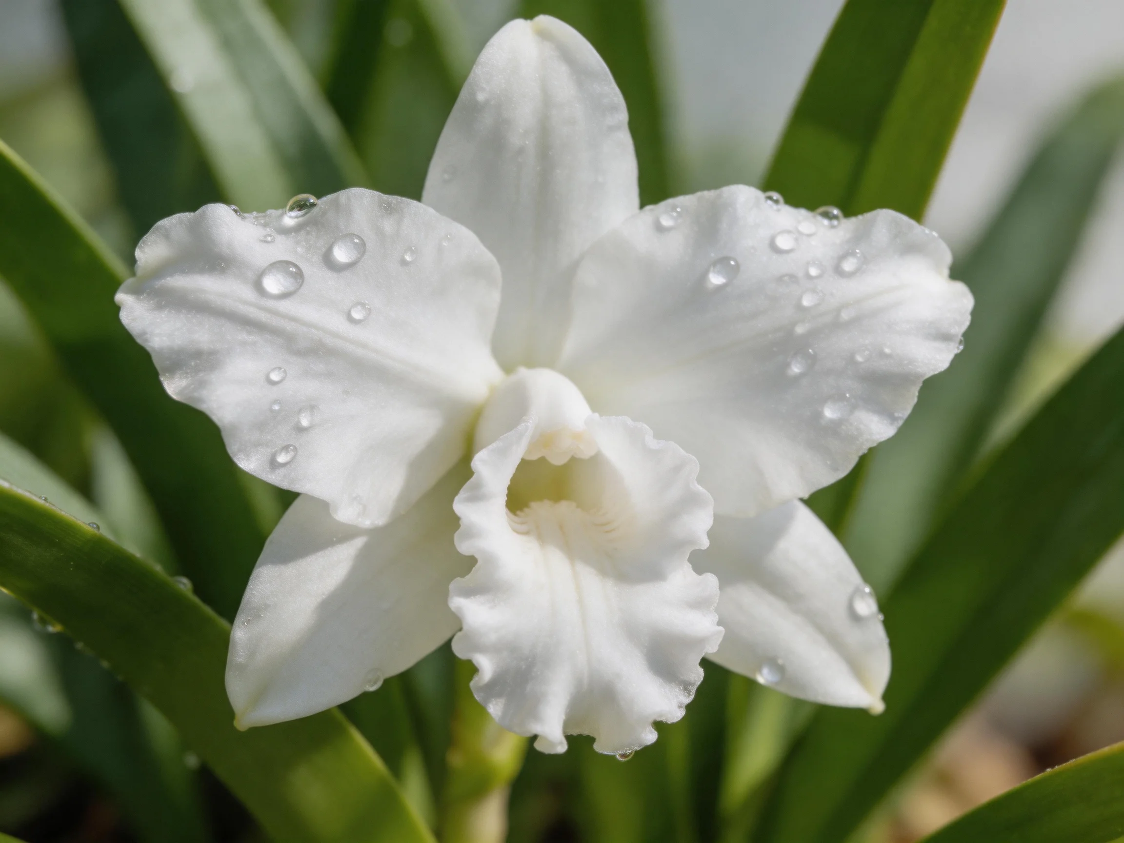 A pristine white orchid with glistening dewdrops amid lush green foliage