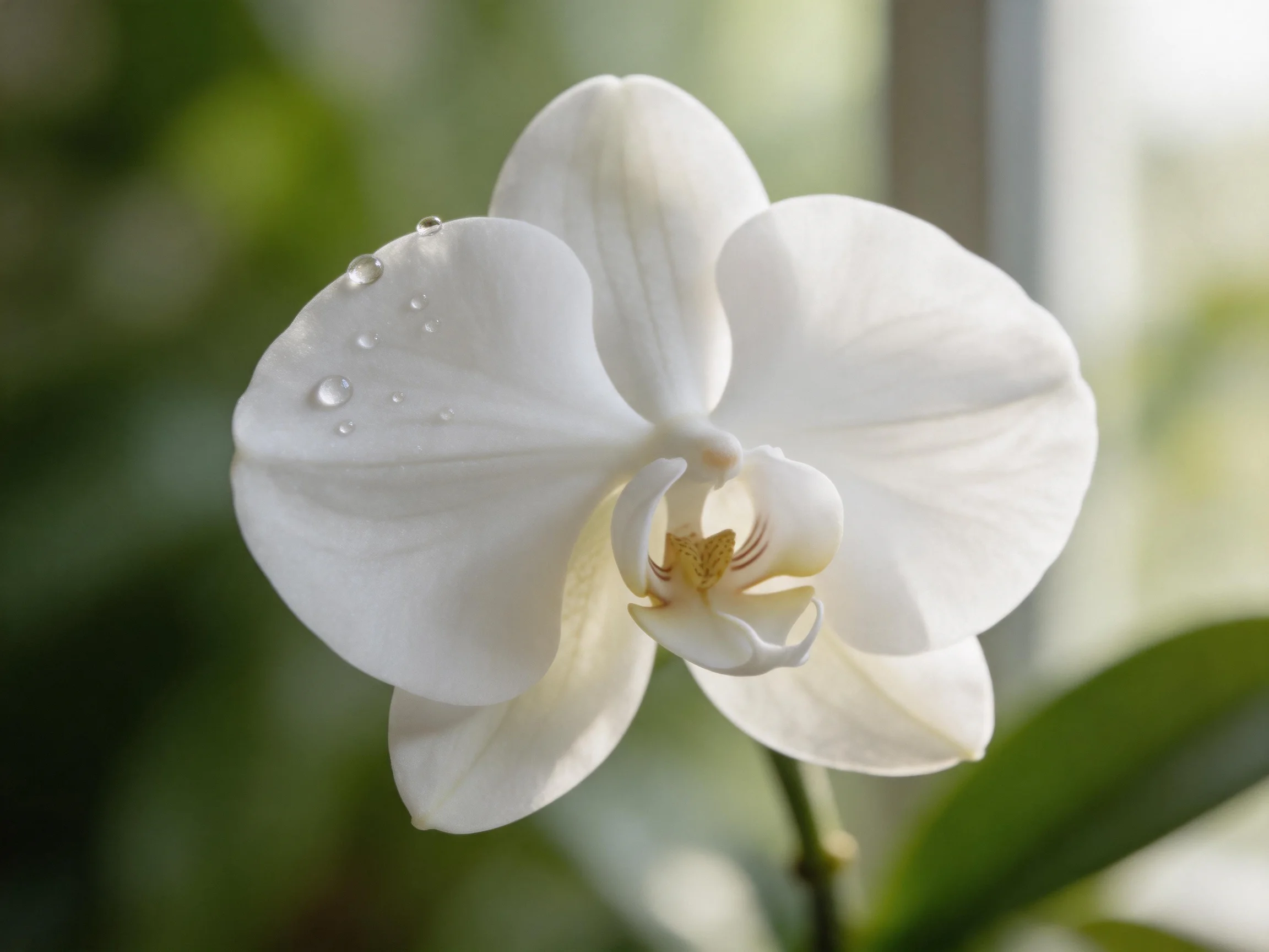 A pristine white orchid with glistening dewdrops, set against a soft green bokeh background