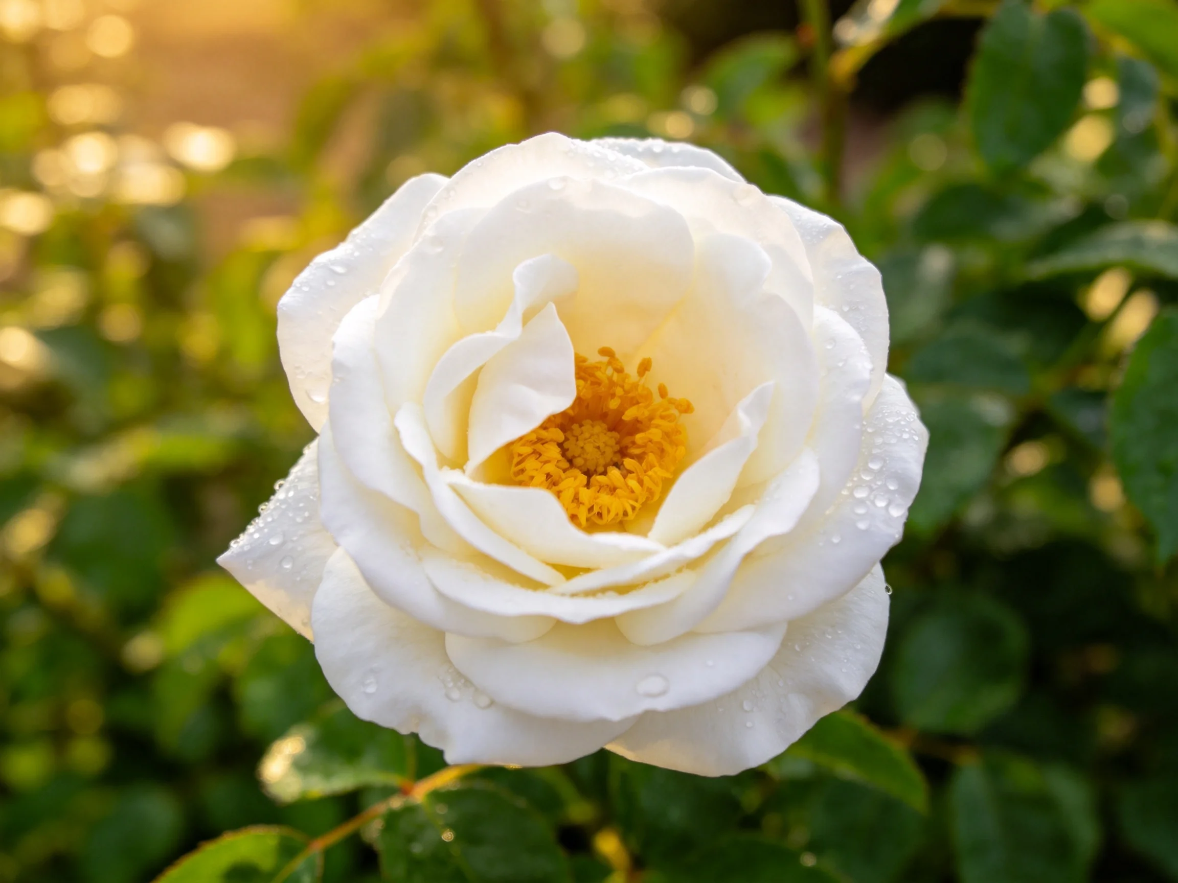 A pristine white rose with dew droplets among lush green foliage