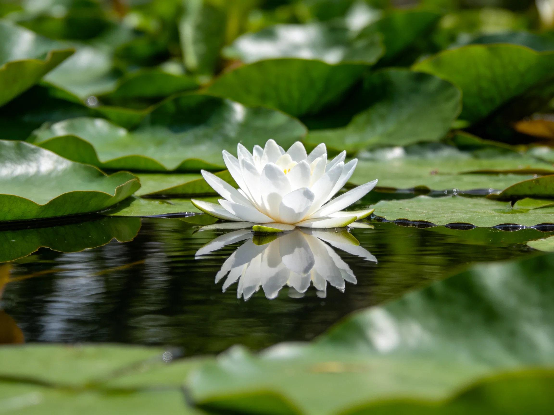 A pristine white water lily blooms among broad green lily pads
