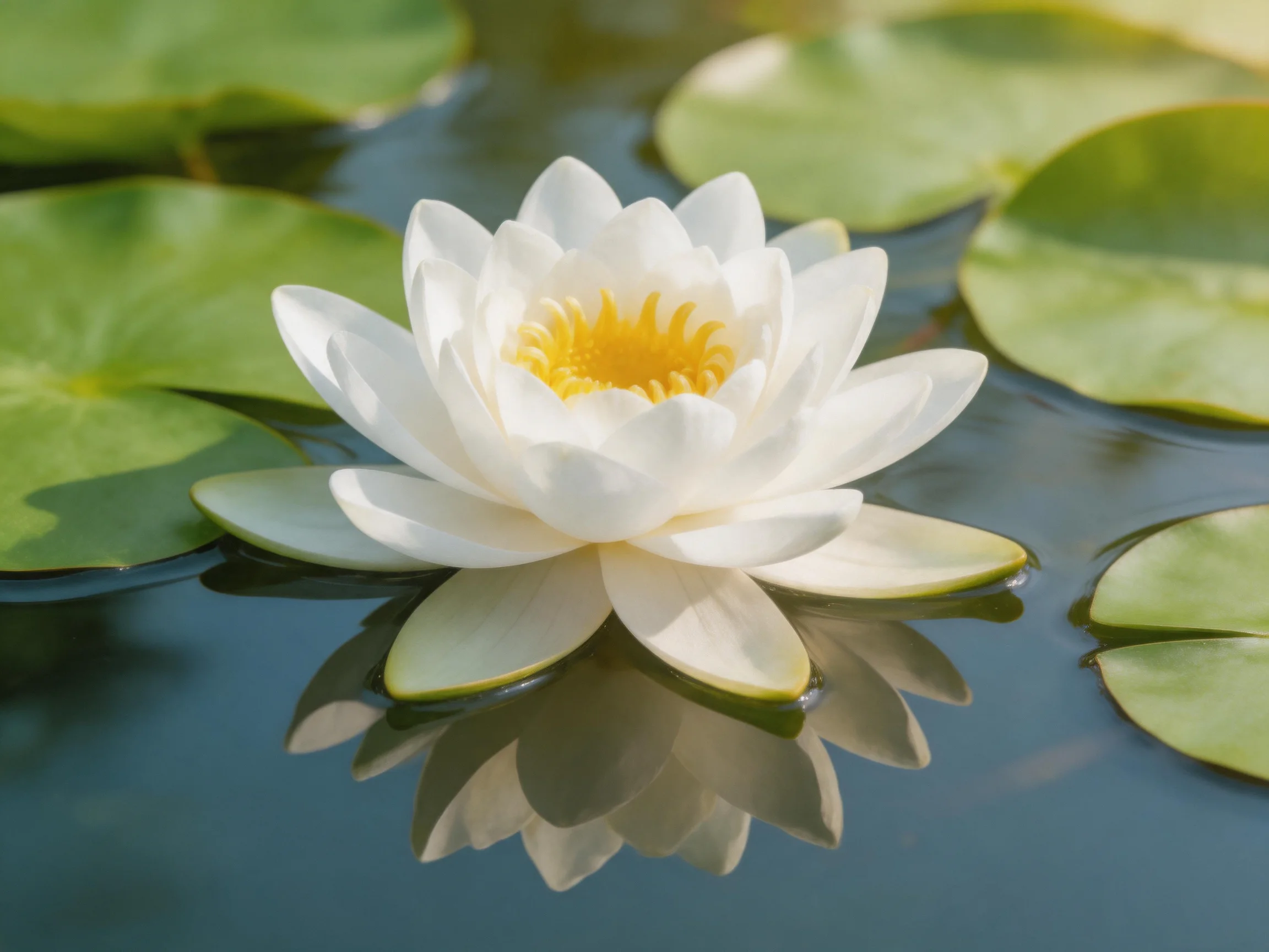 A pristine white water lily floats among lush green lily pads