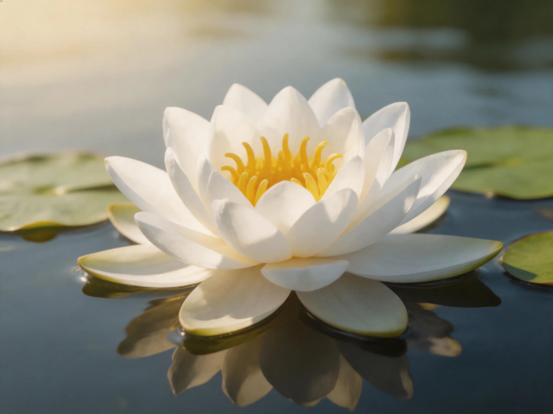 A pristine white water lily floats atop serene water with green lily pads