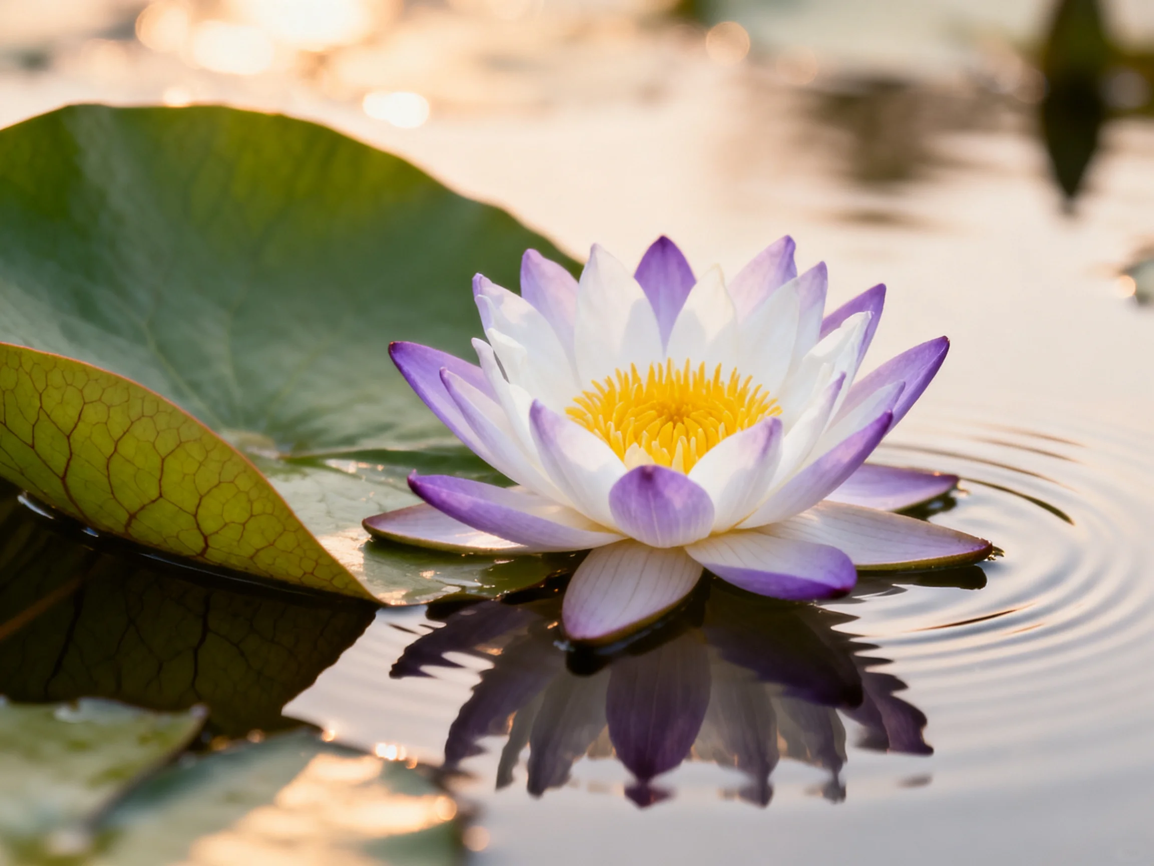 A purple and white water lily with large green leaves floats on calm water