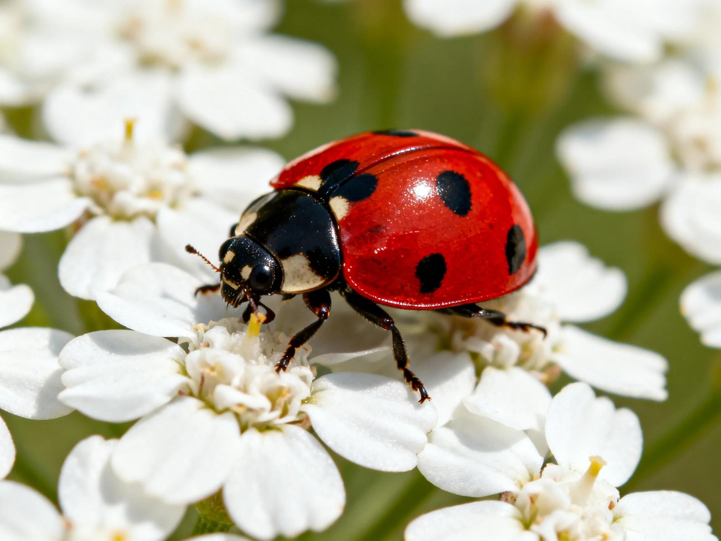 A red and black spotted ladybug on small white flowers
