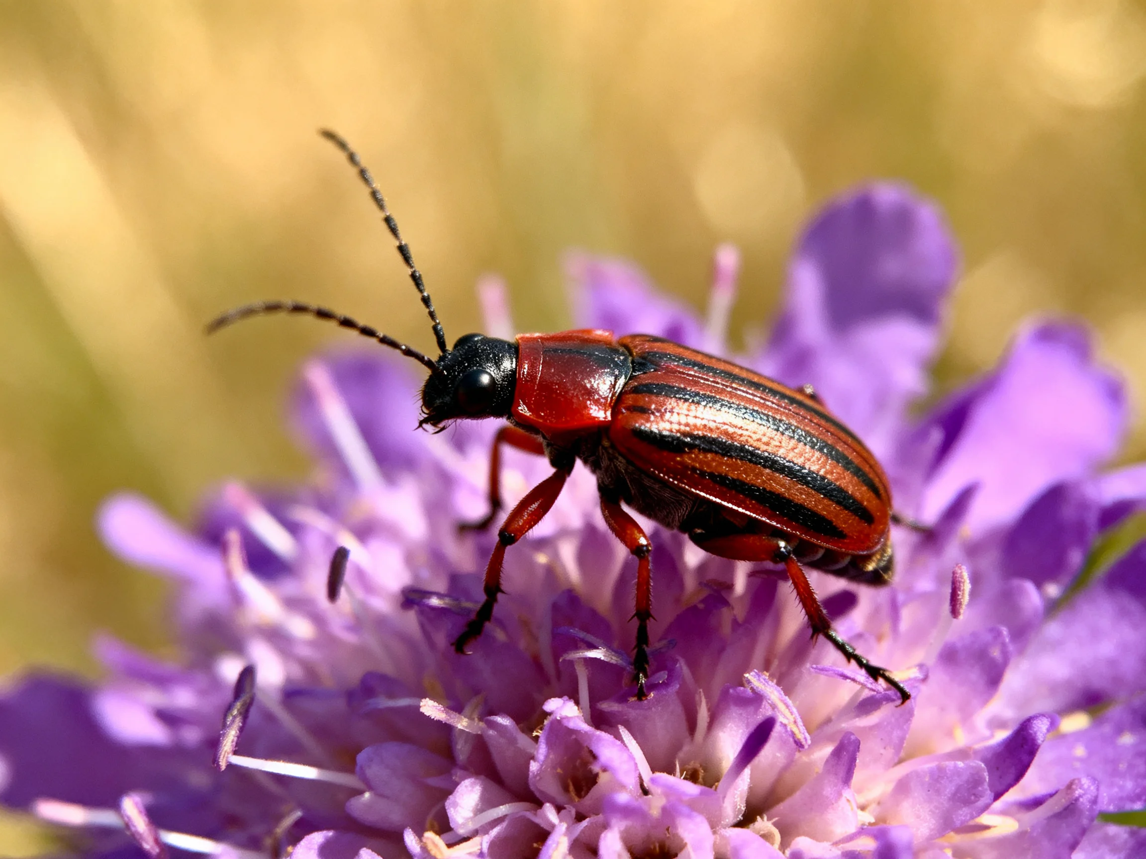 A red and black striped beetle on vibrant purple flowers
