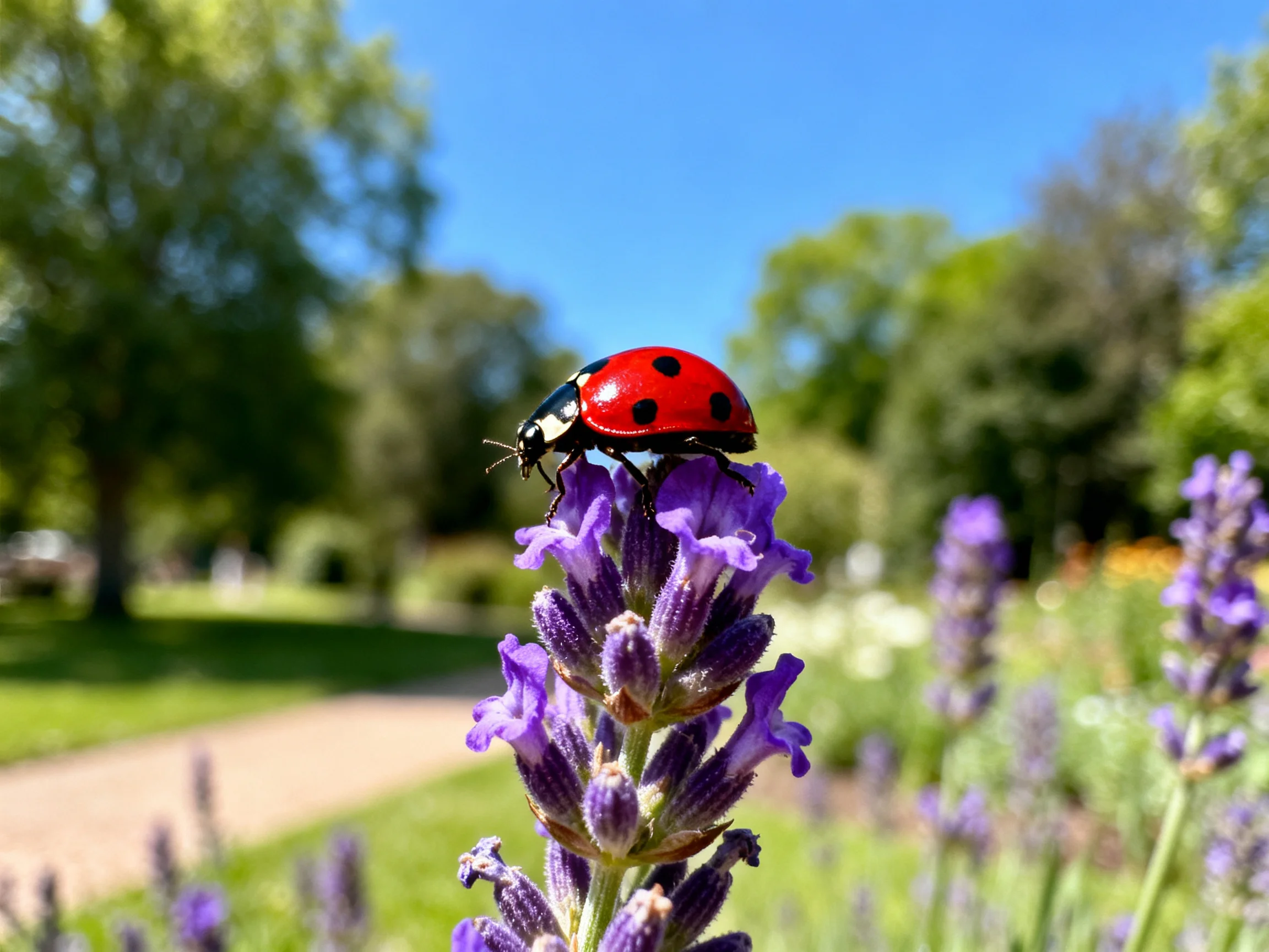 A red ladybug perched atop vibrant purple lavender blooms