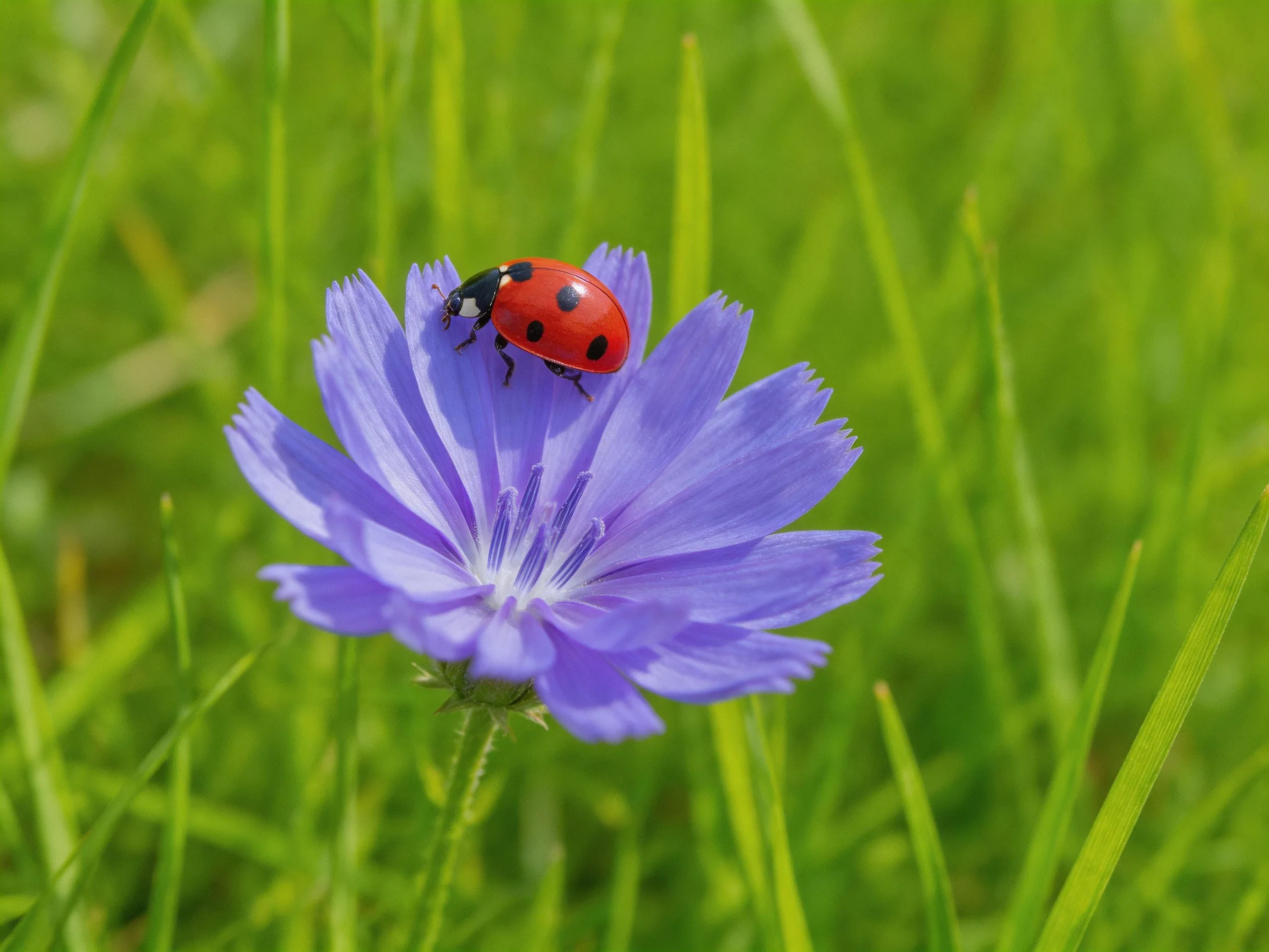 A red ladybug rests on a vibrant purple flower amid lush green grass