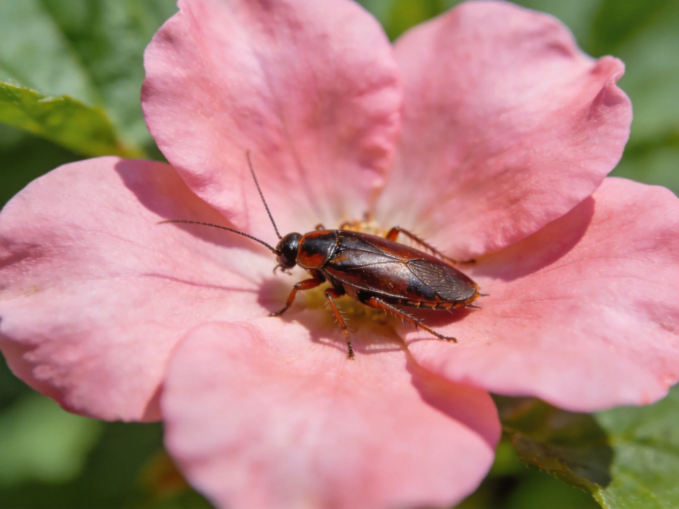 A reddish-brown beetle rests on a soft pink rose petal