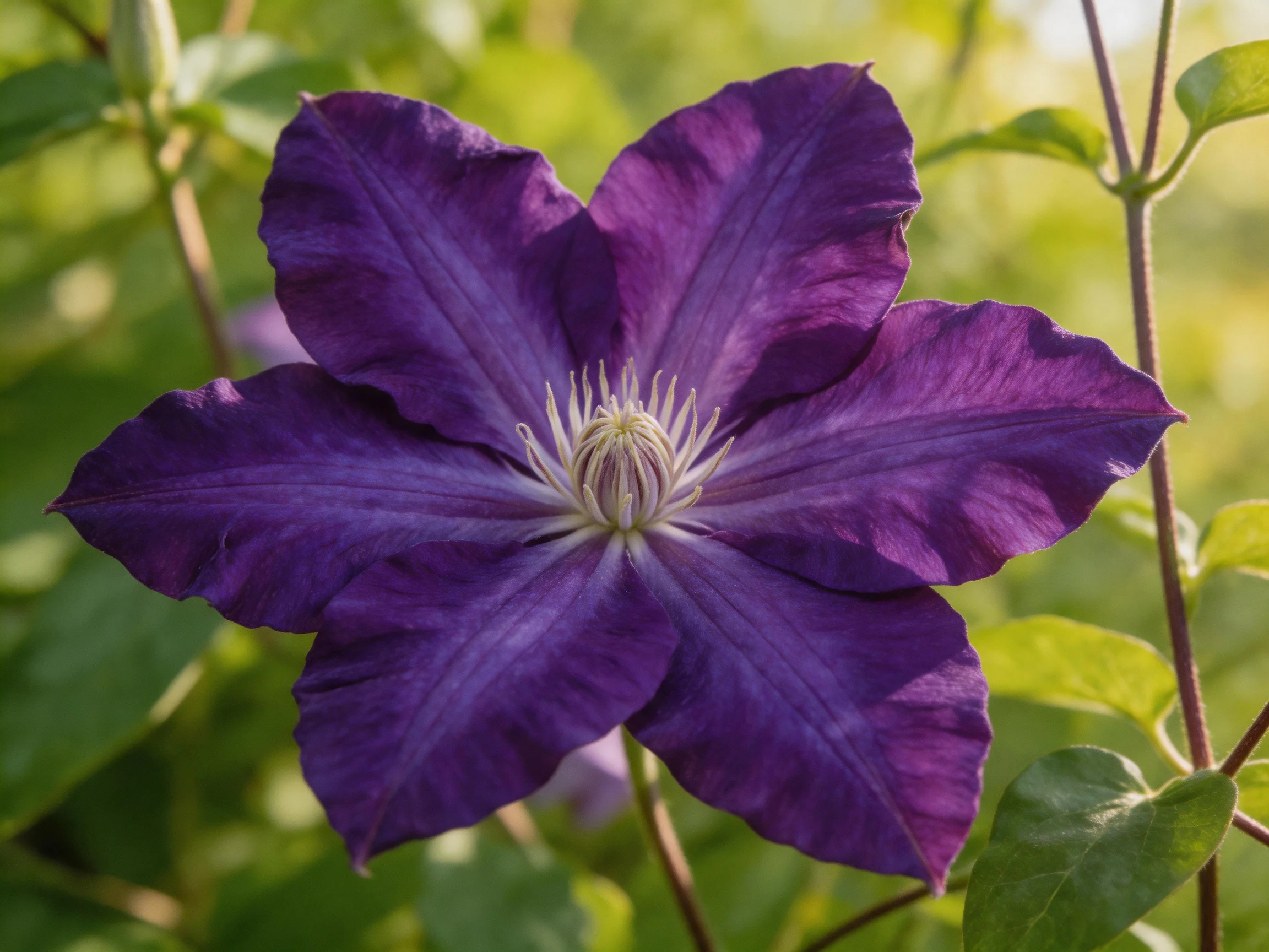 A rich purple clematis flower with broad star - shaped petals