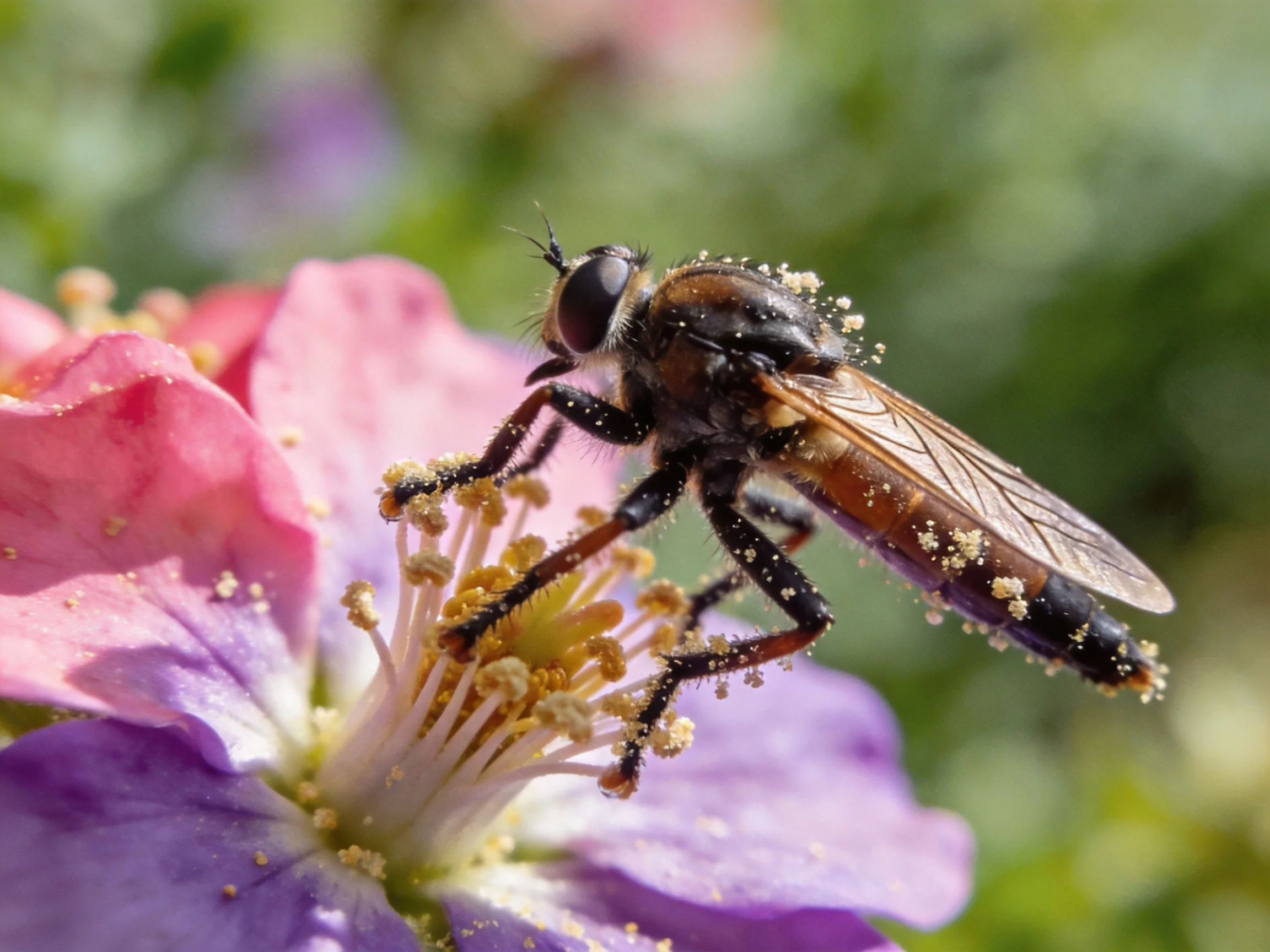 A robust fly dusted with pollen on vibrantpink-purple petals