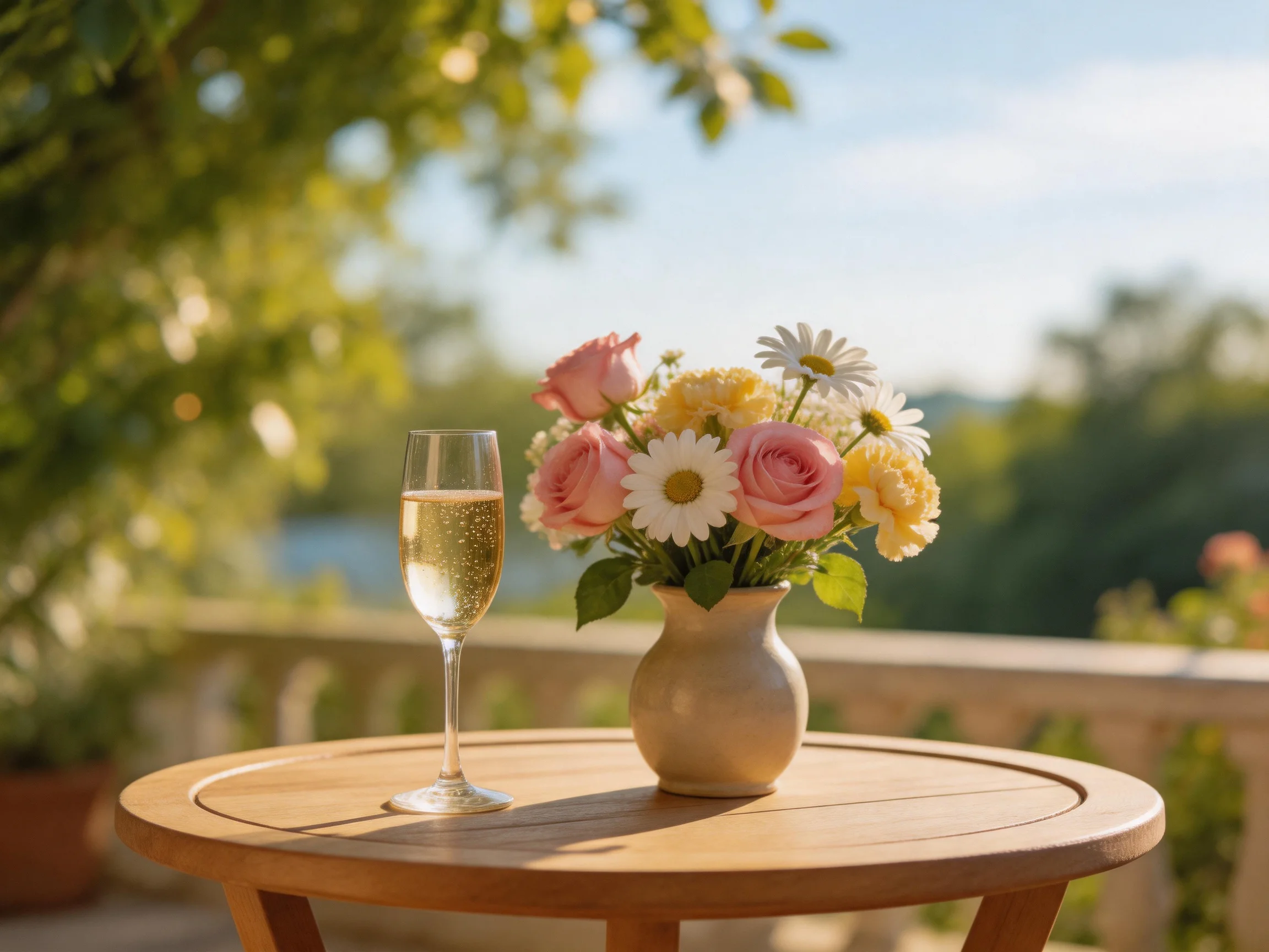 A round wooden table holds a flower bouquet with pink roses, daisies, and a champagne flute outdoors.
