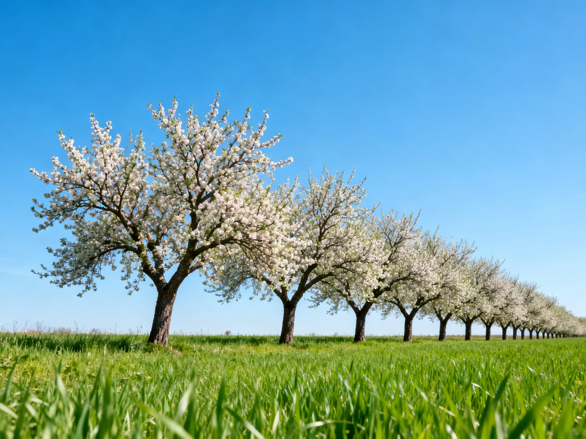 A row of flowering trees spans a lush green meadow