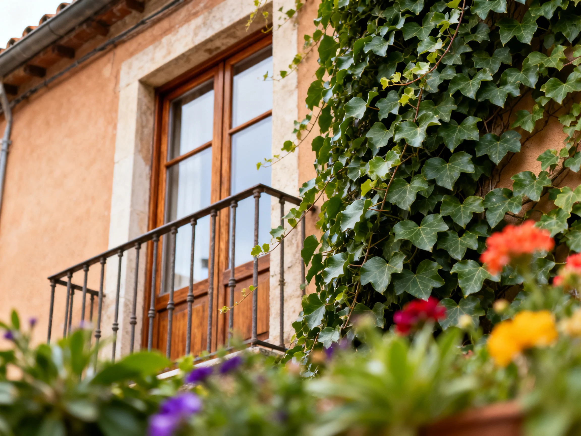A rustic house with wooden doors, climbing vines, and colorful flowers
