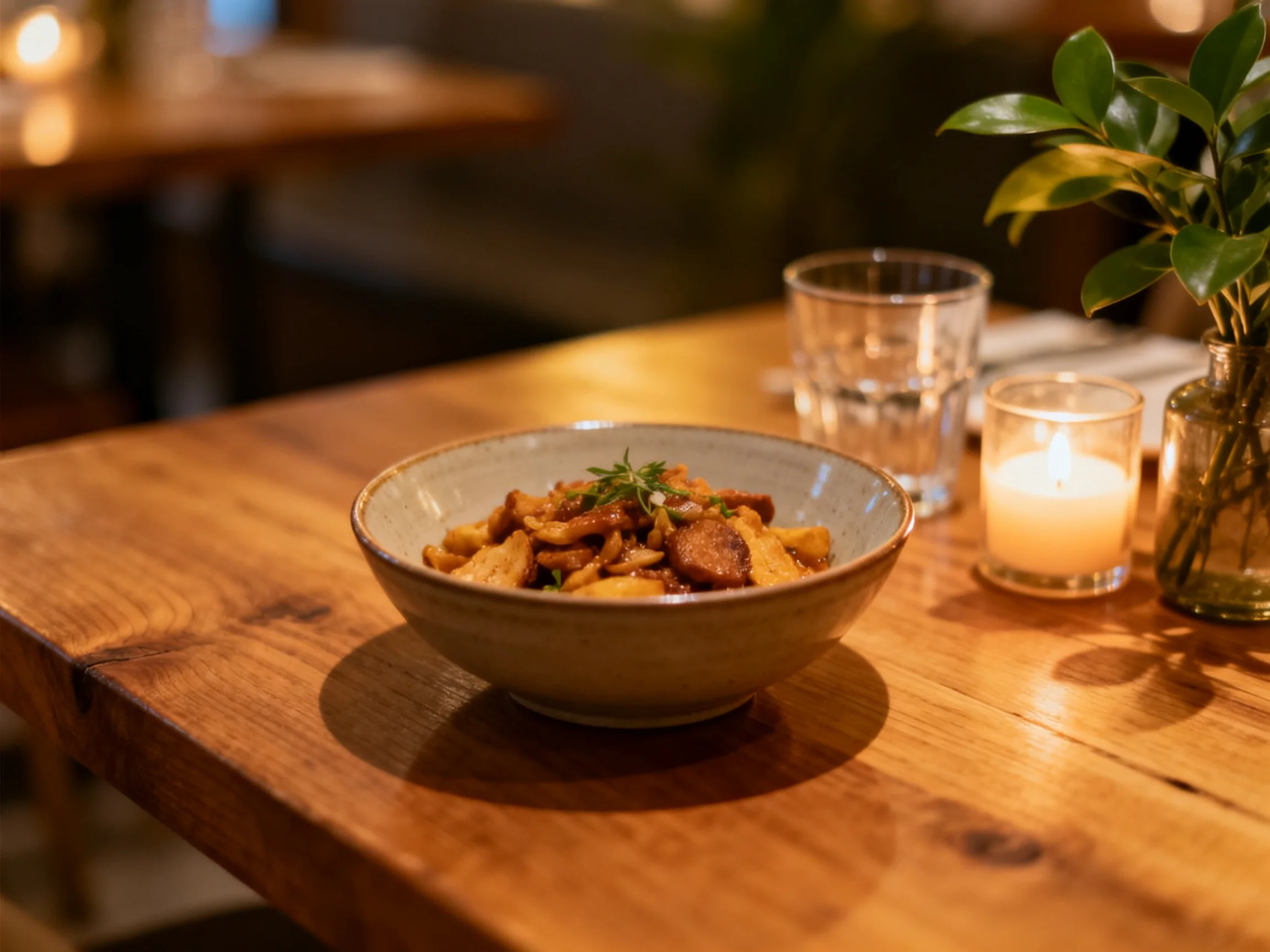 A rustic wooden table holds a ceramic bowl of savory dish, lit candle, and glass.