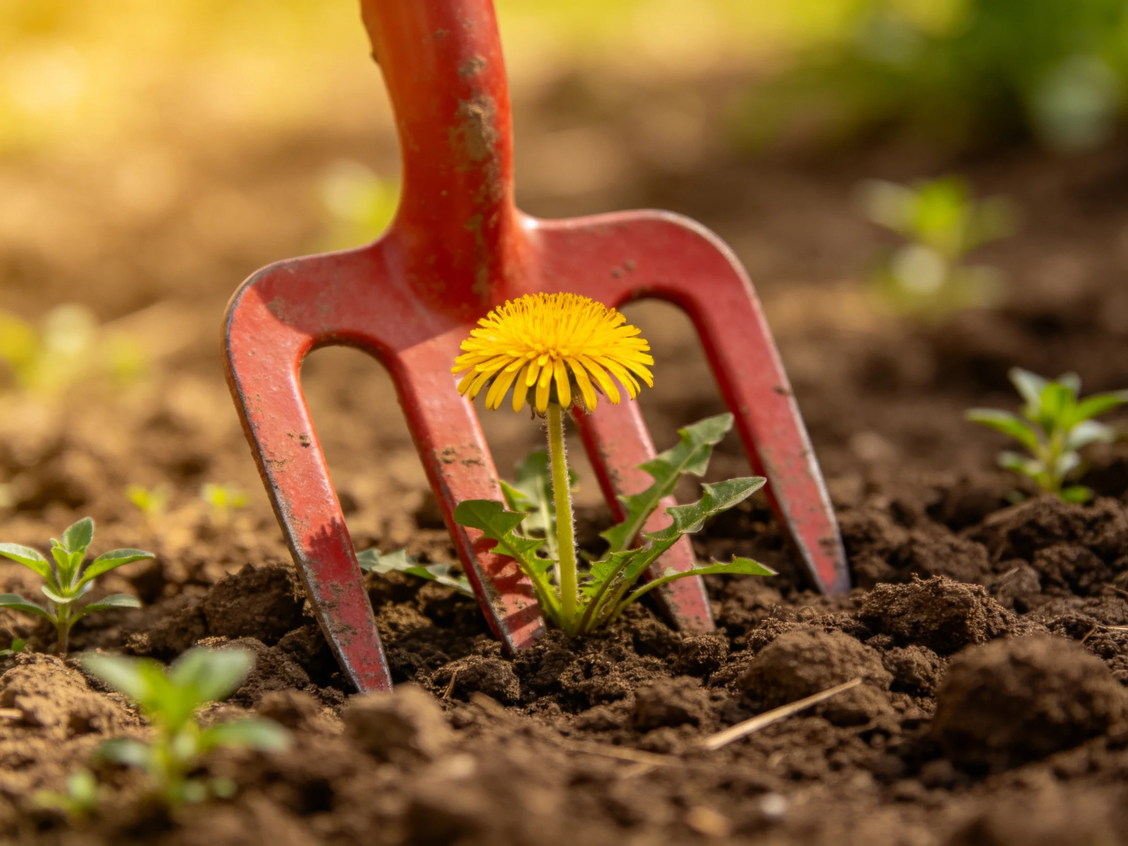 A rusty red garden fork beside a bright yellow dandelion in dark soil